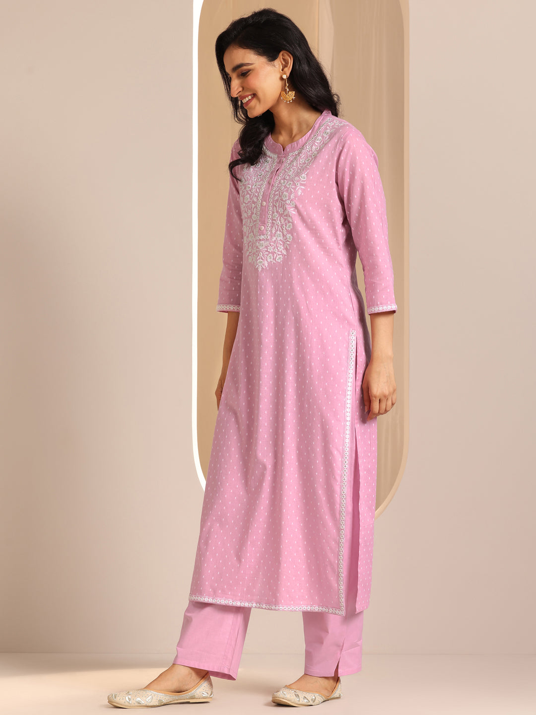  Pink Self Design Cotton Straight Suit Set With Dupatta 