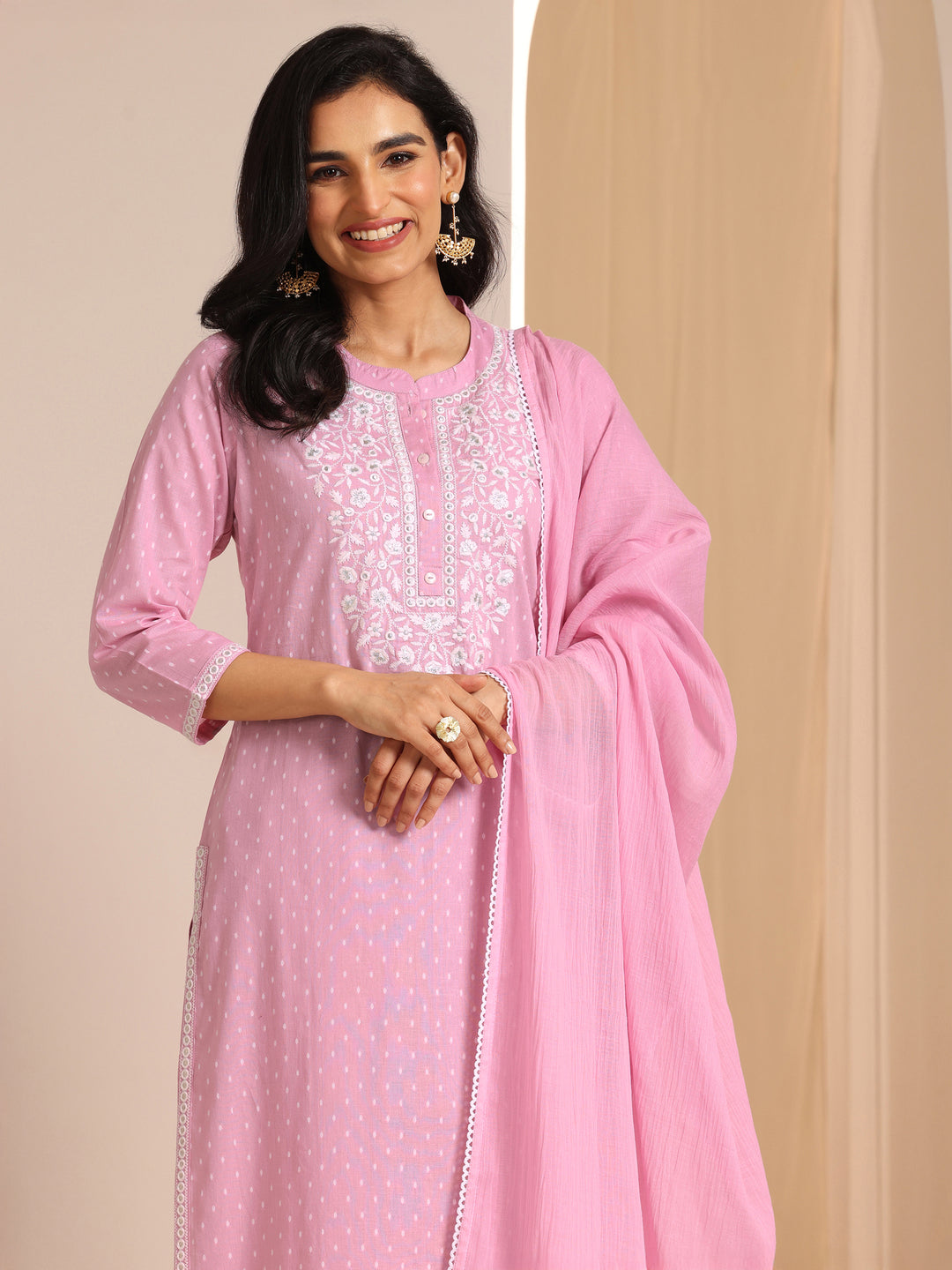  Pink Self Design Cotton Straight Suit Set With Dupatta 