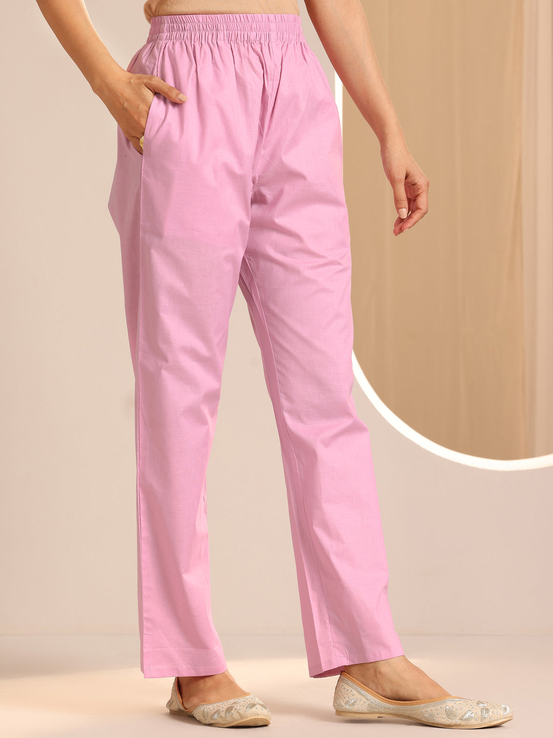 Pink Self Design Cotton Straight Suit Set With Dupatta 