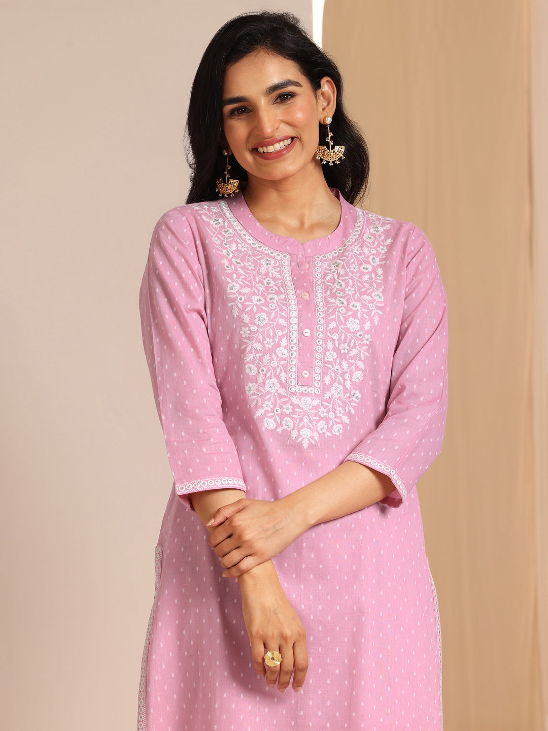  Pink Self Design Cotton Straight Suit Set With Dupatta 