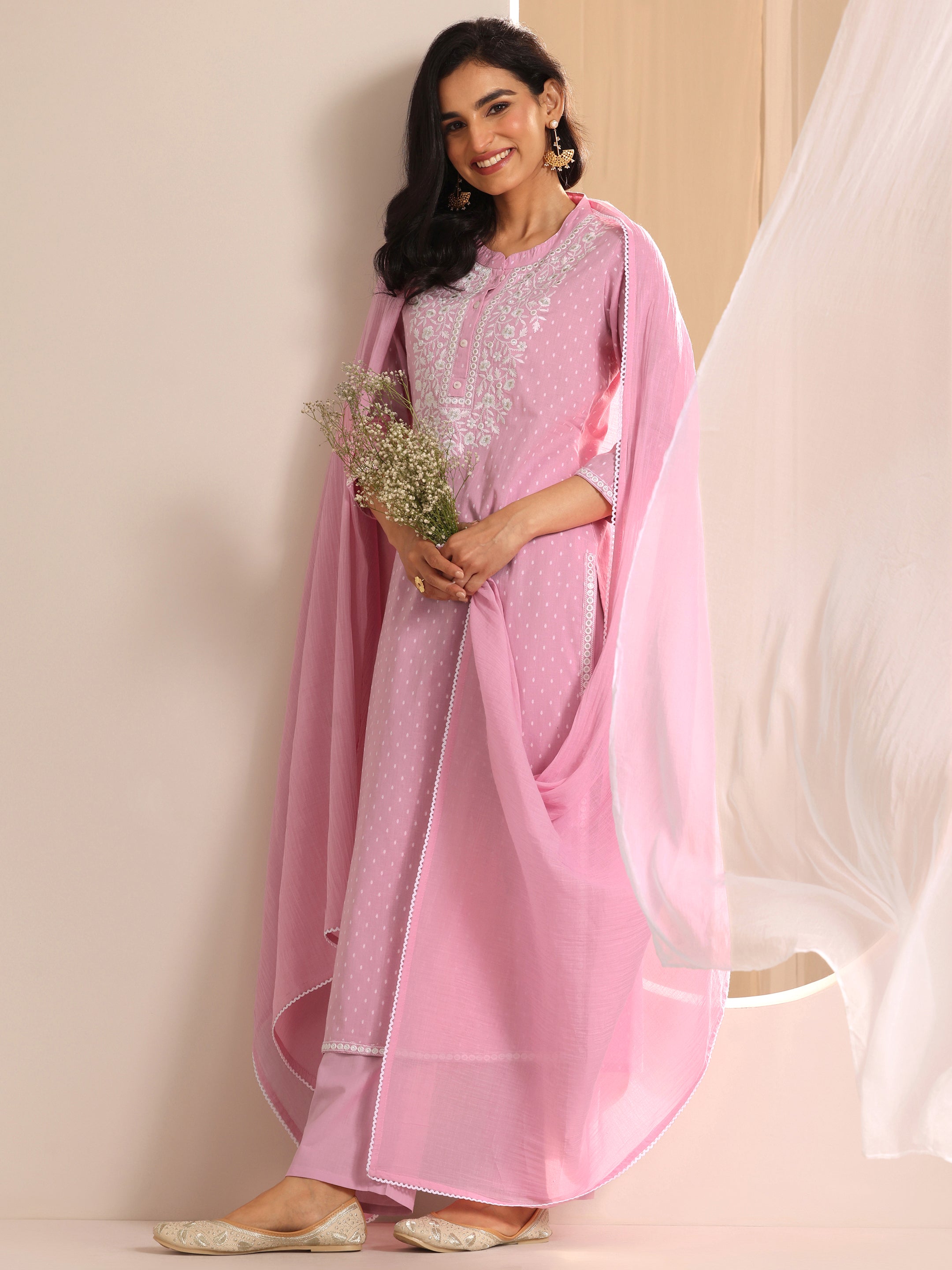 Pink Self Design Cotton Straight Suit Set With Dupatta-image-1