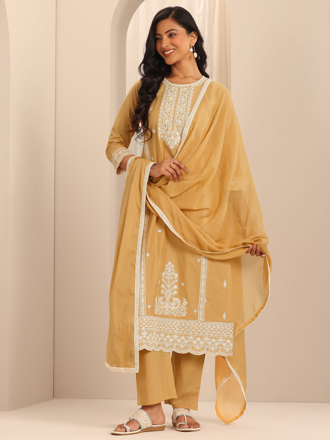  Mustard Embroidered Cotton Straight Suit Set With Dupatta 