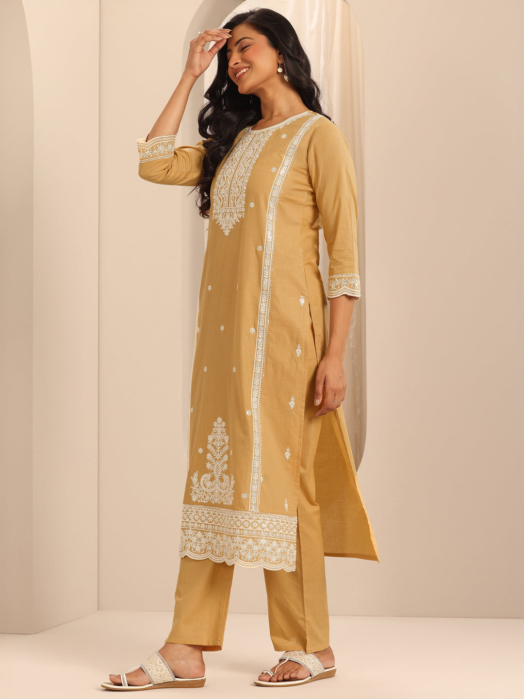  Mustard Embroidered Cotton Straight Suit Set With Dupatta 