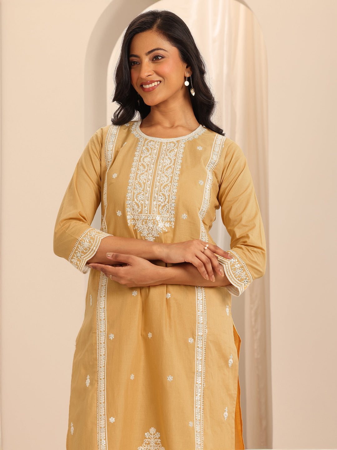  Mustard Embroidered Cotton Straight Suit Set With Dupatta 