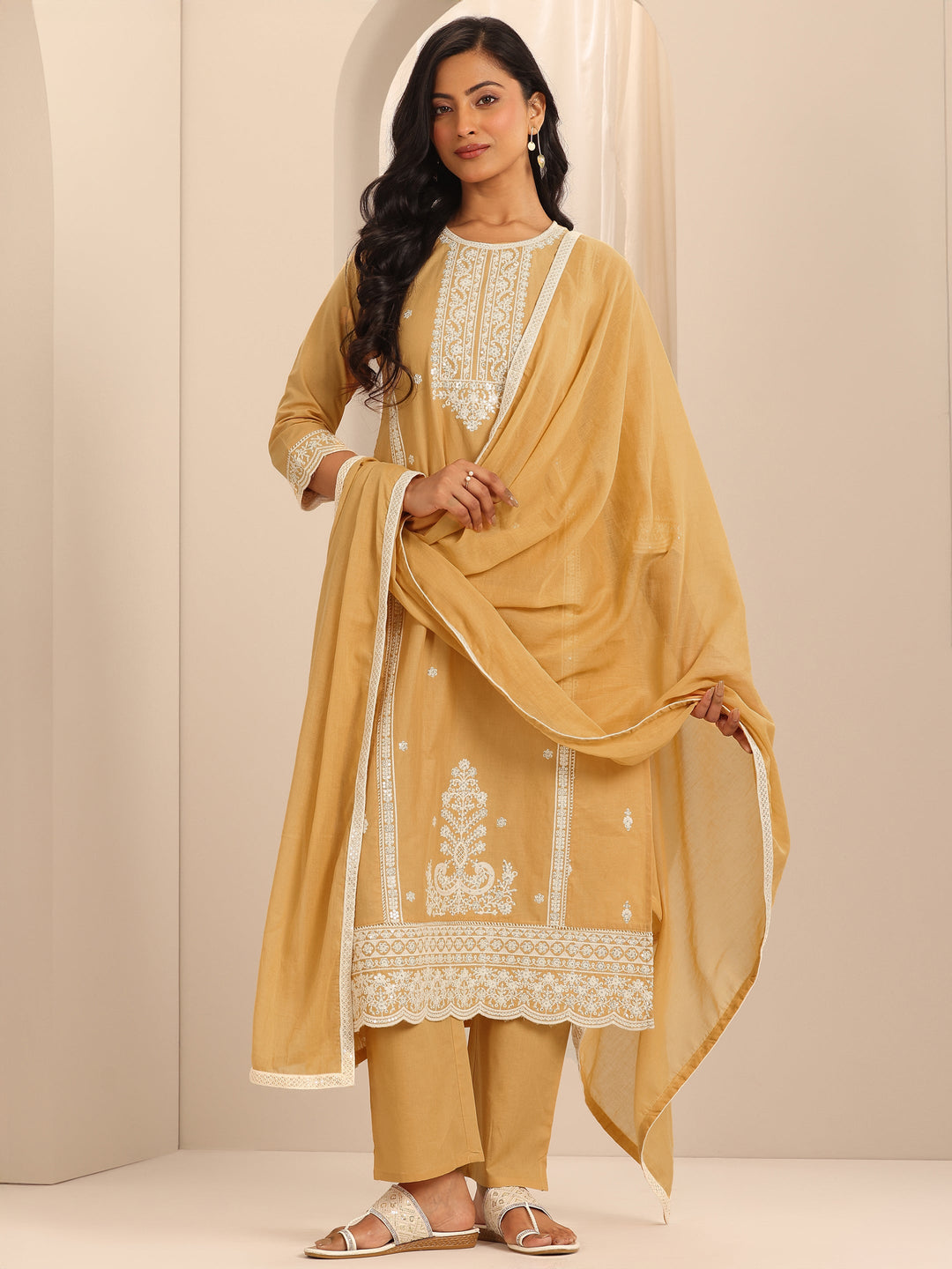  Mustard Embroidered Cotton Straight Suit Set With Dupatta 