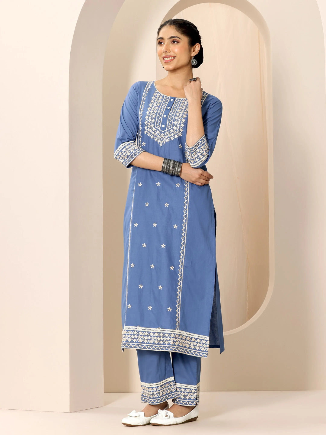  Blue Embroidered Cotton Straight Suit Set With Dupatta 