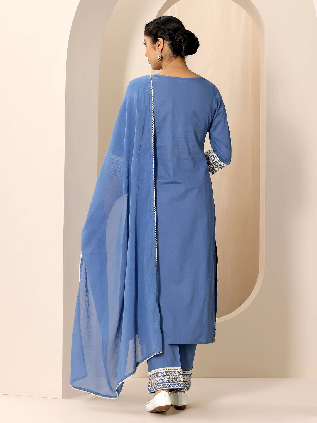  Blue Embroidered Cotton Straight Suit Set With Dupatta 