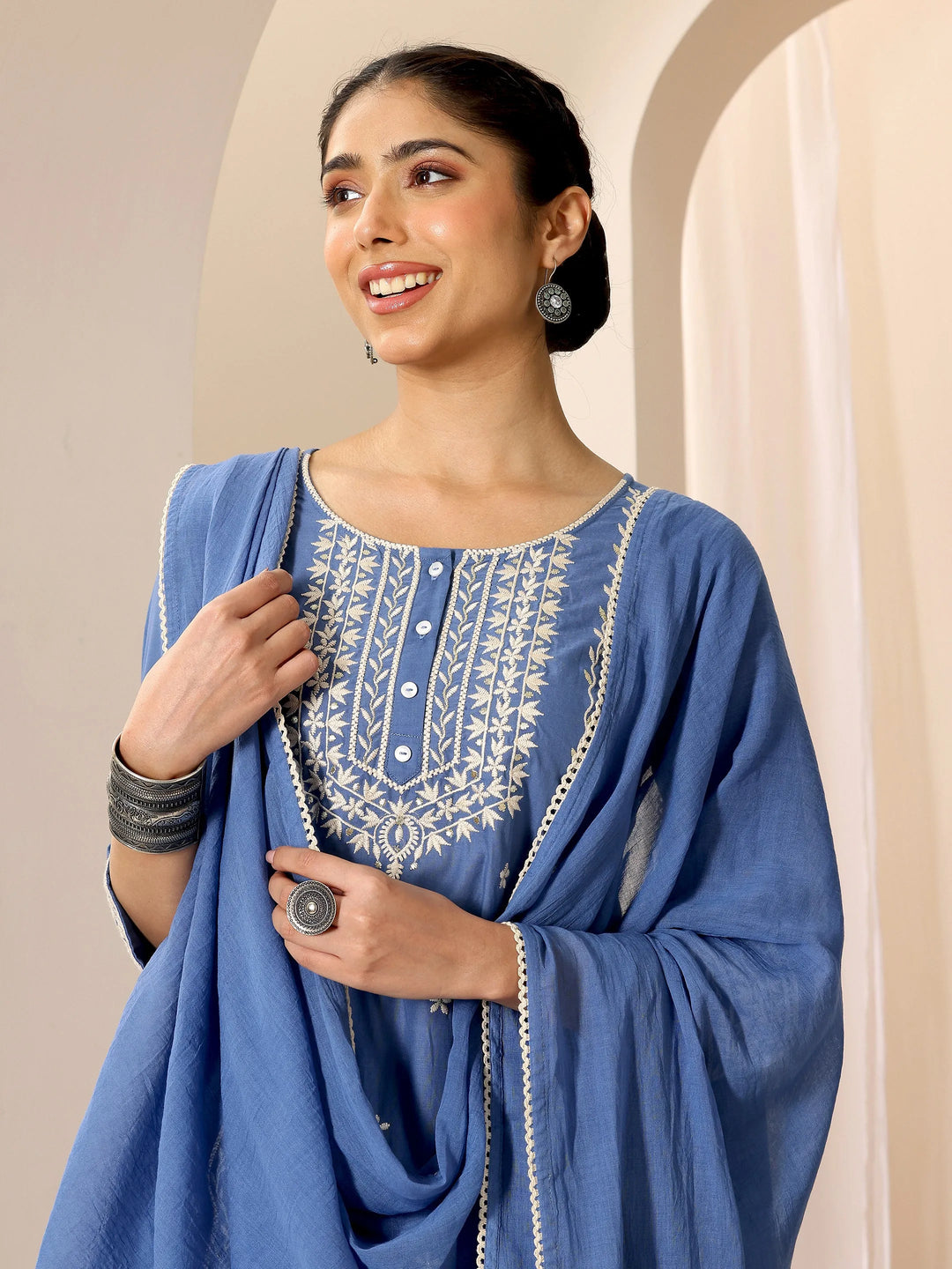  Blue Embroidered Cotton Straight Suit Set With Dupatta 