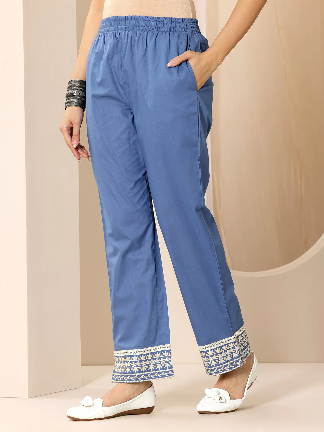  Blue Embroidered Cotton Straight Suit Set With Dupatta 