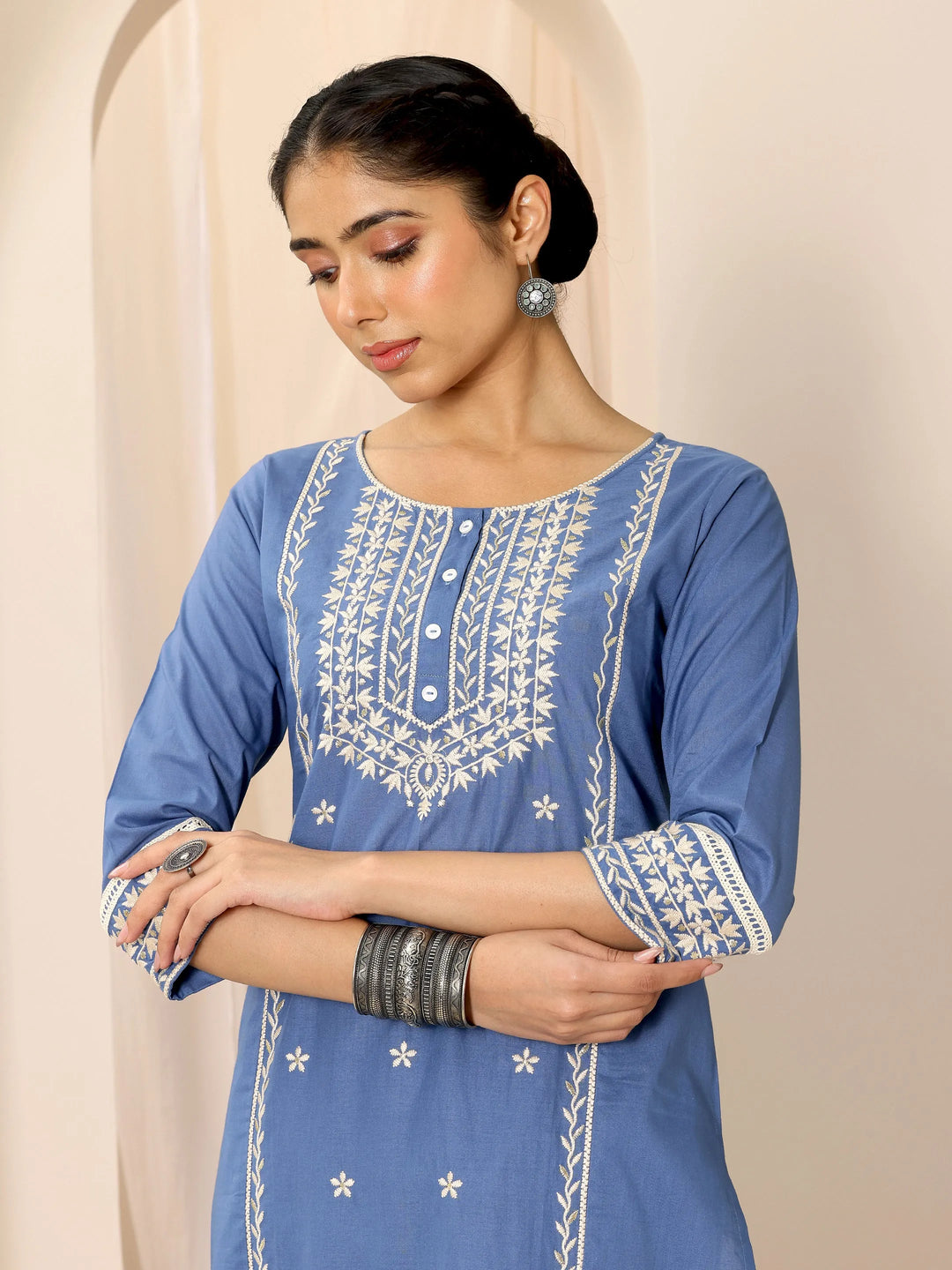  Blue Embroidered Cotton Straight Suit Set With Dupatta 