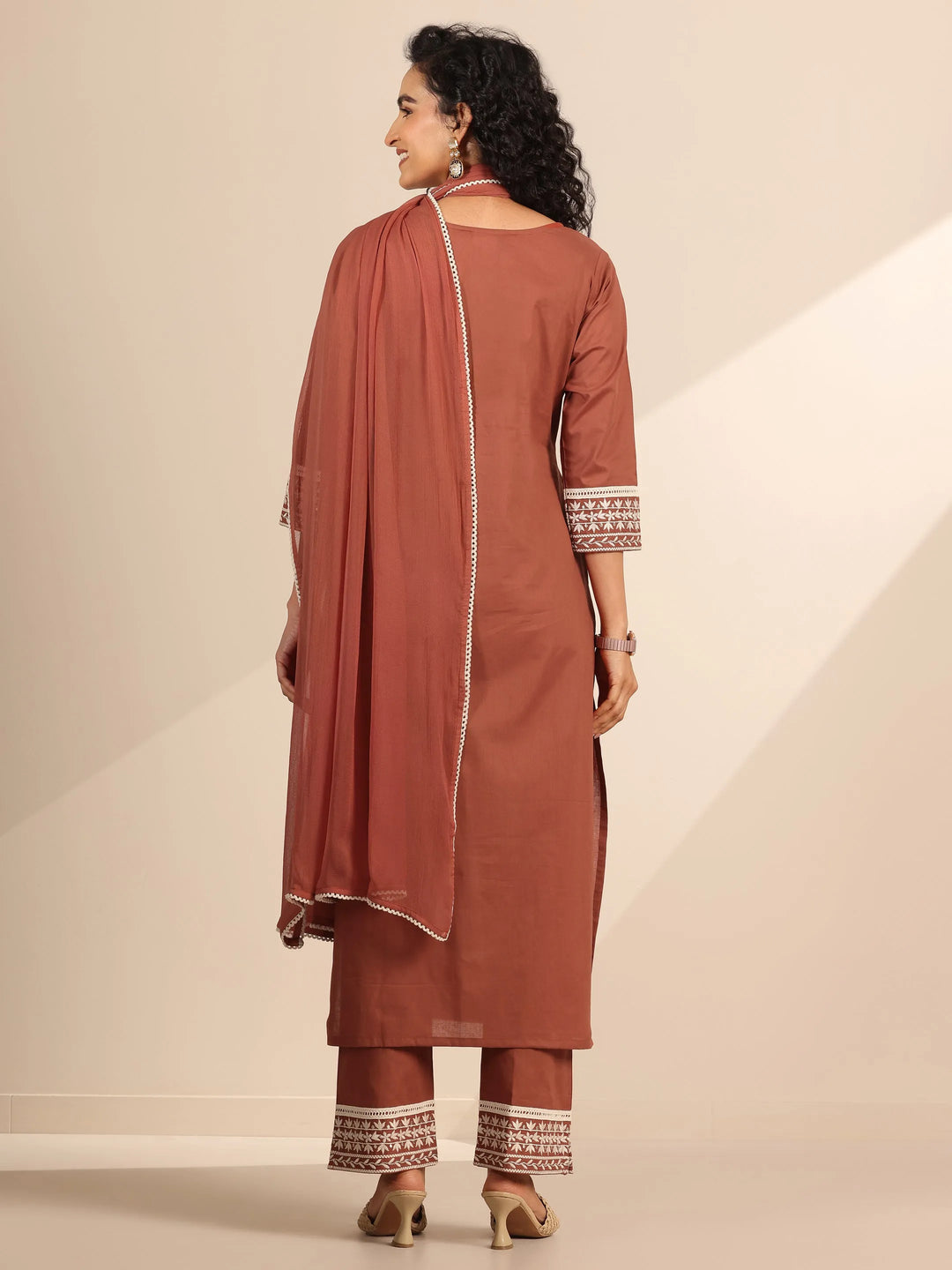  Rust Embroidered Cotton Straight Suit Set With Dupatta 