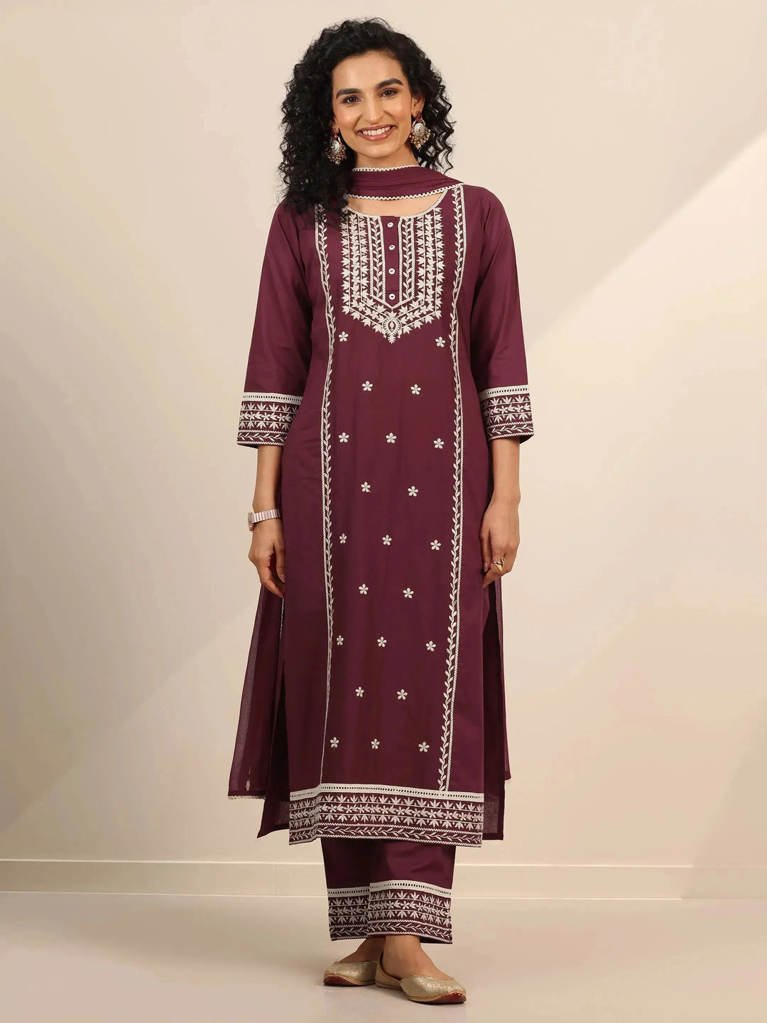  Maroon Embroidered Cotton Straight Suit Set With Dupatta 