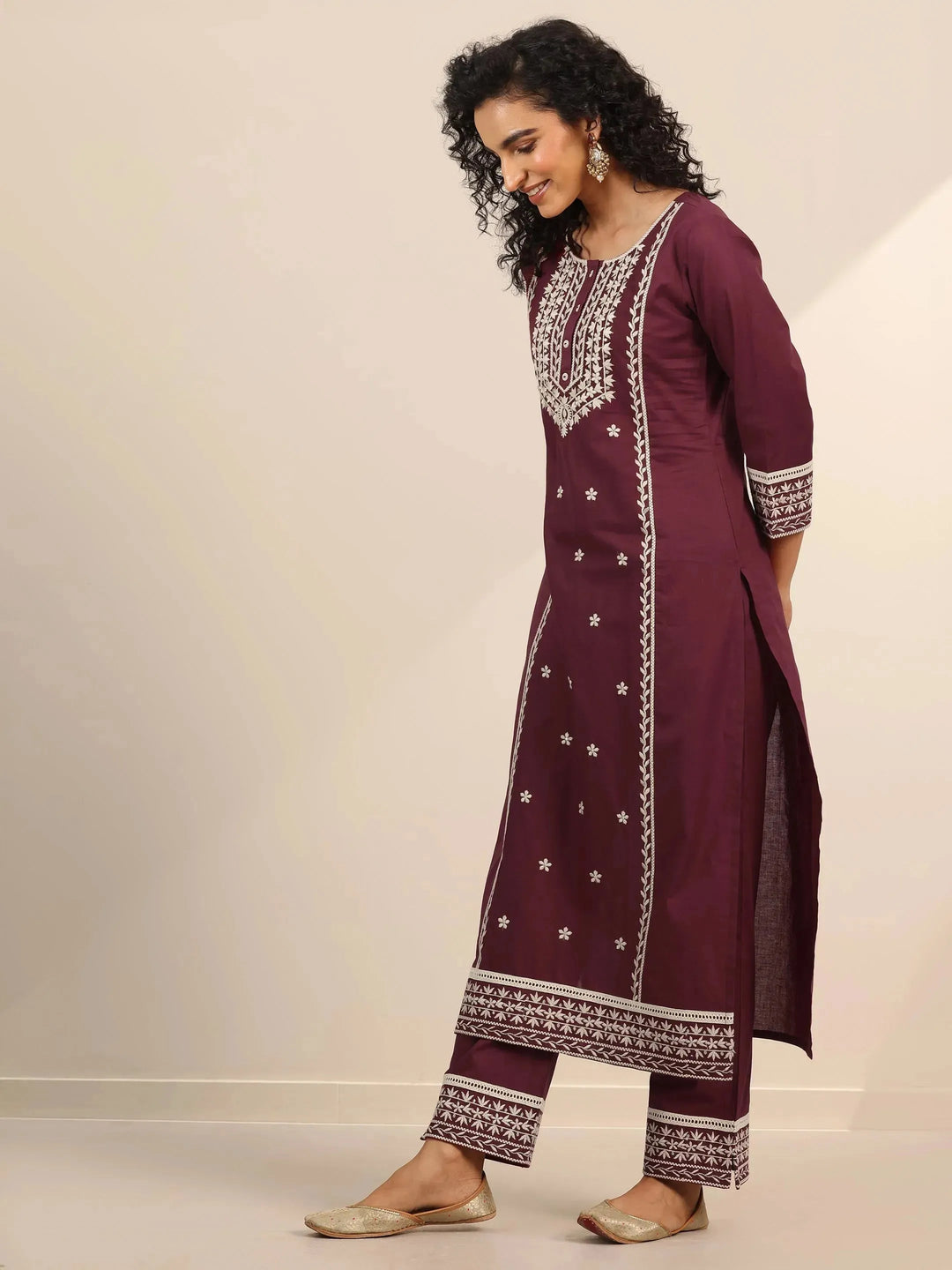  Maroon Embroidered Cotton Straight Suit Set With Dupatta 