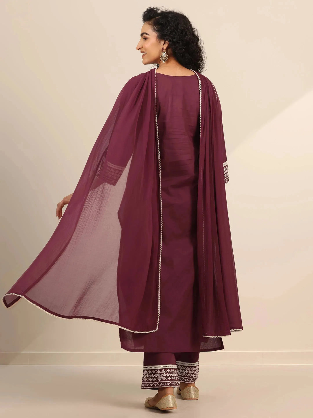  Maroon Embroidered Cotton Straight Suit Set With Dupatta 