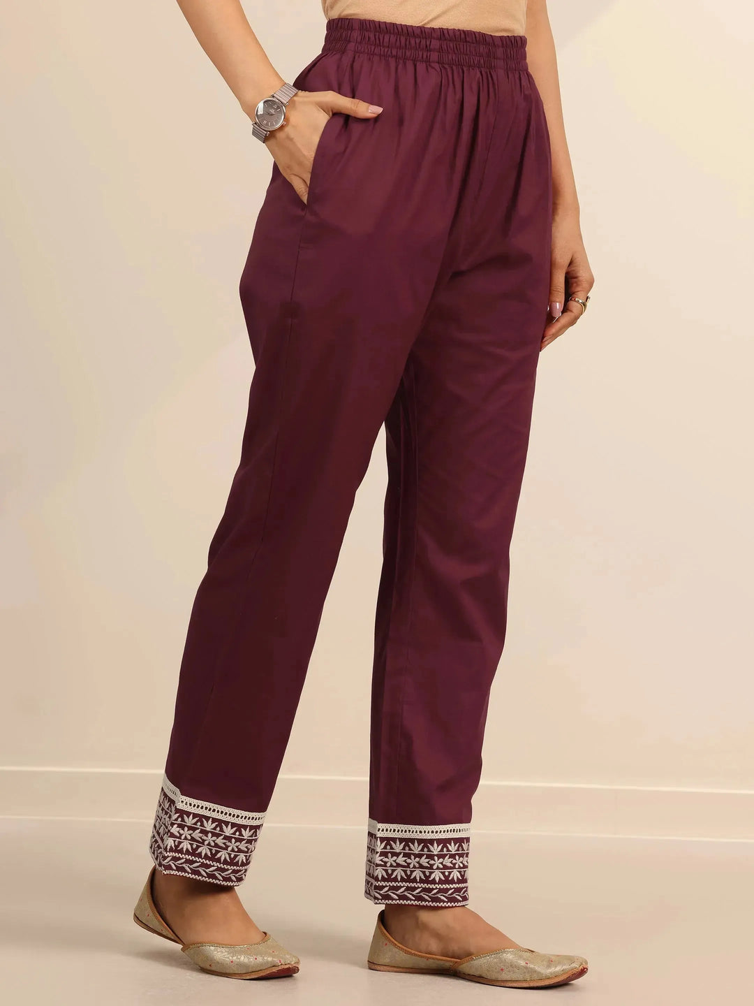  Maroon Embroidered Cotton Straight Suit Set With Dupatta 