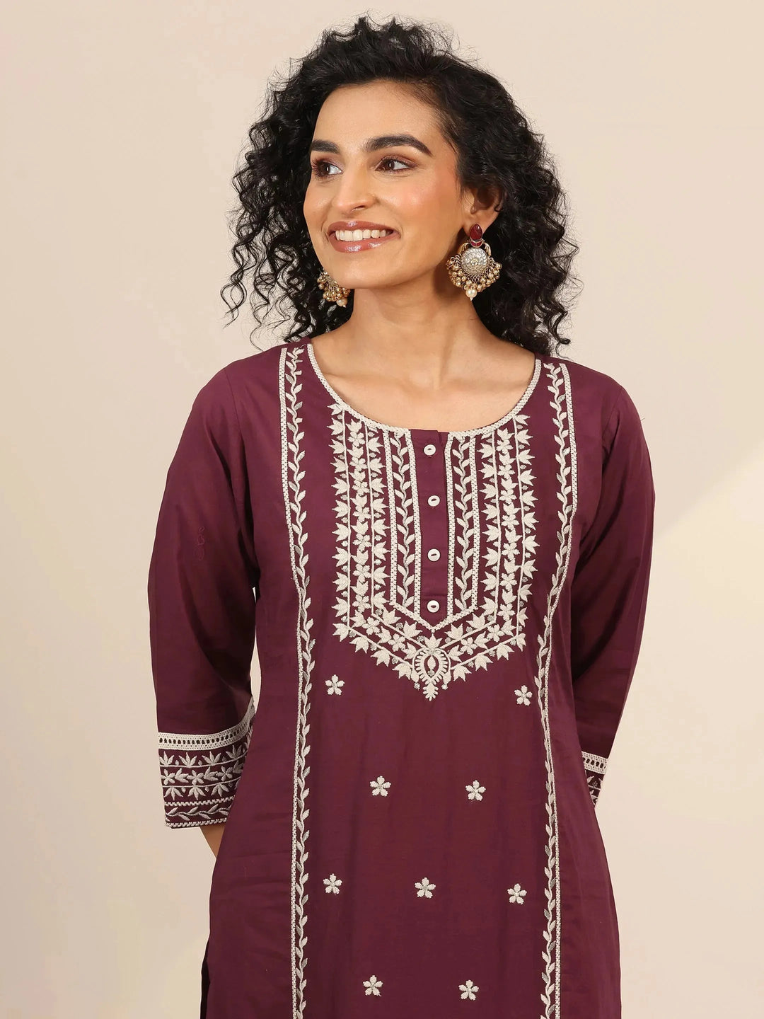  Maroon Embroidered Cotton Straight Suit Set With Dupatta 