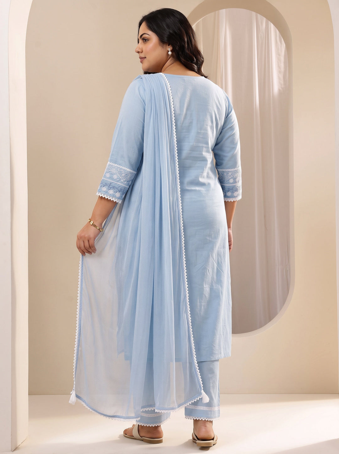  Plus Size Blue Embroidered Cotton Straight Suit Sets With Dupatta 