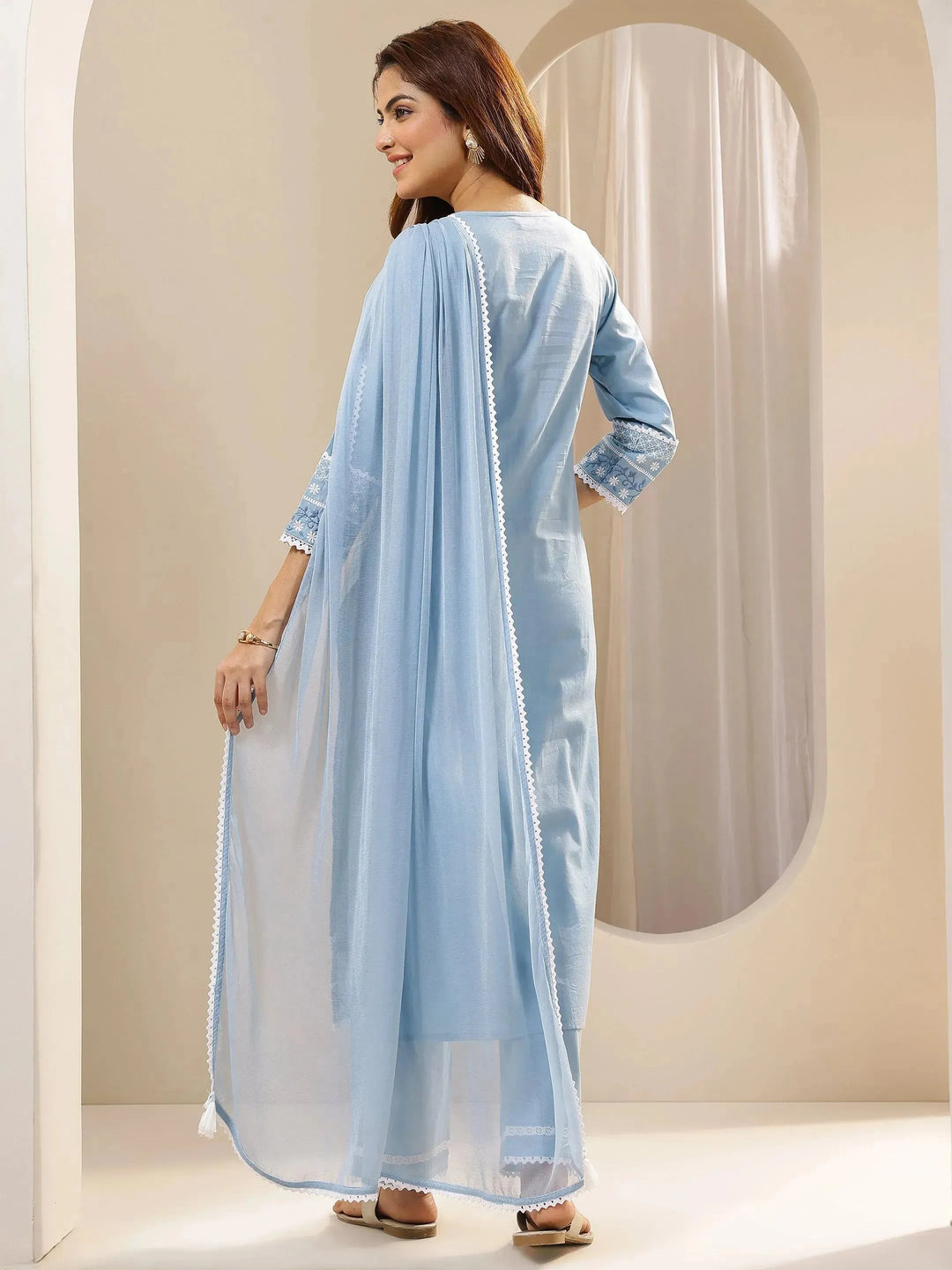  Blue Embroidered Cotton Straight Suit Sets With Dupatta 