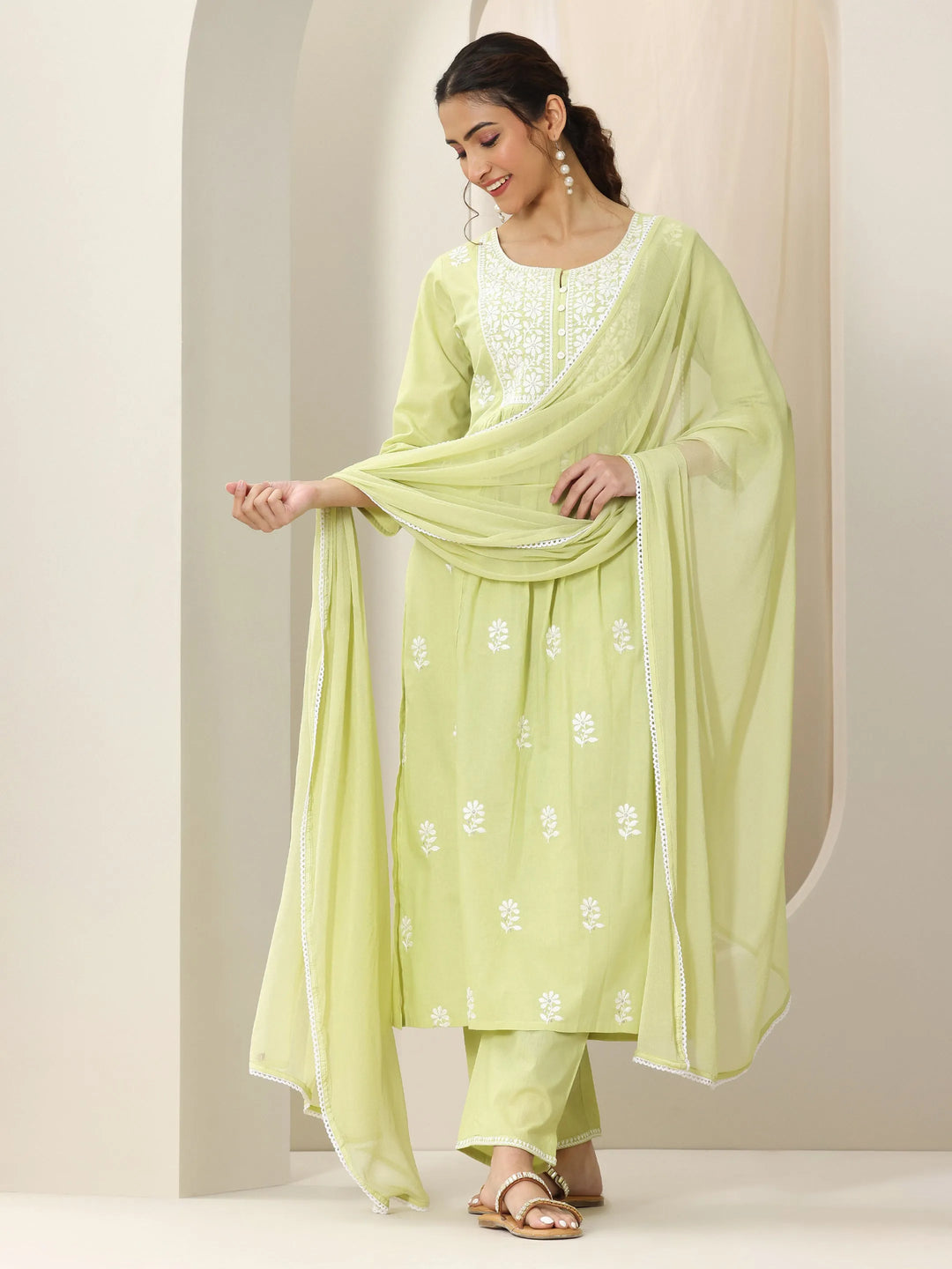  Lime Green Embroidered Cotton A-Line Suit Set With Dupatta 