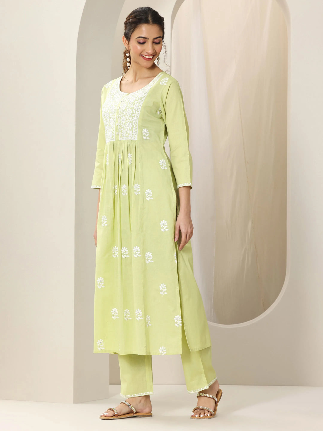 Lime Green Embroidered Cotton A-Line Suit Set With Dupatta 