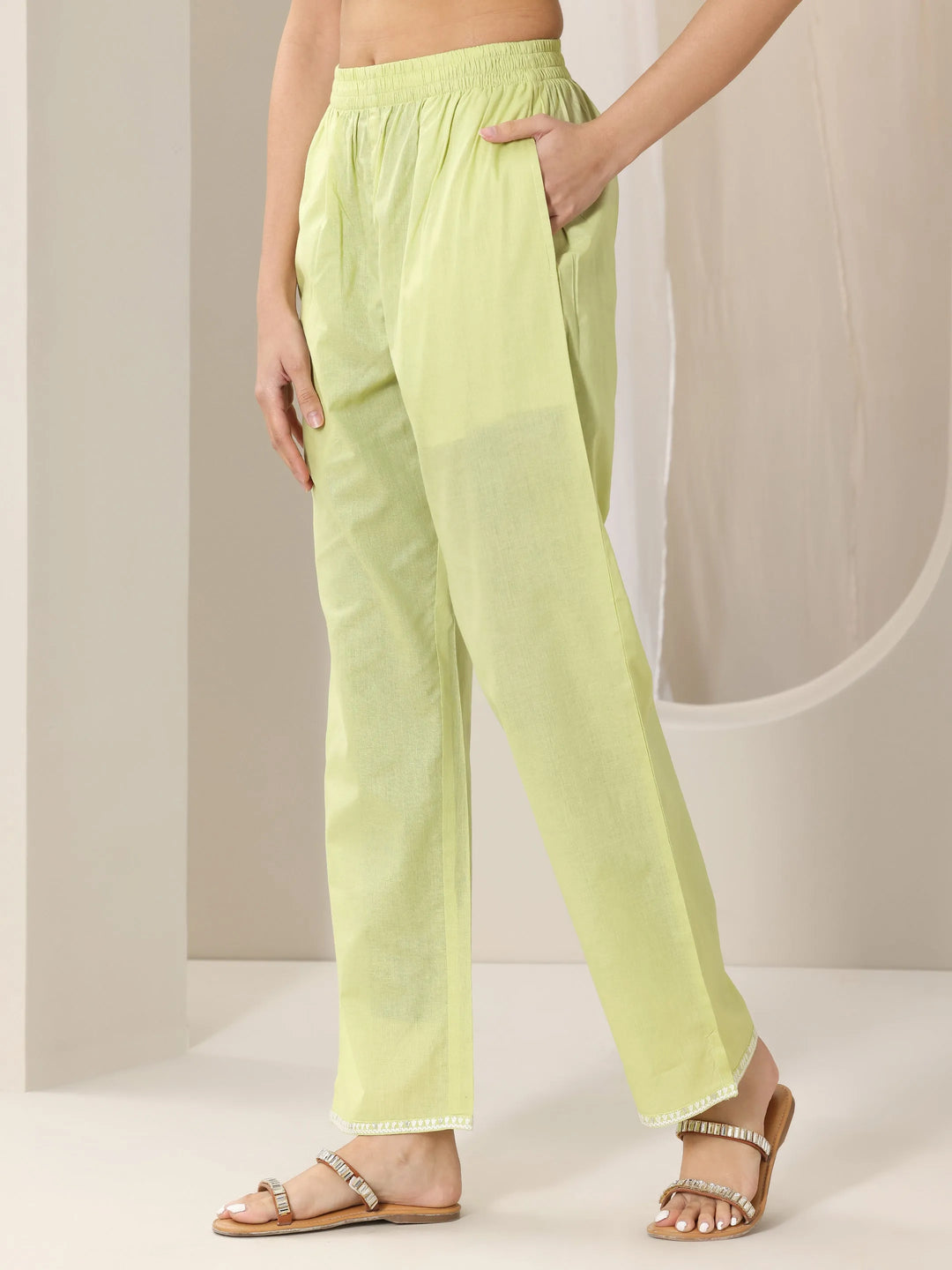  Lime Green Embroidered Cotton A-Line Suit Set With Dupatta 