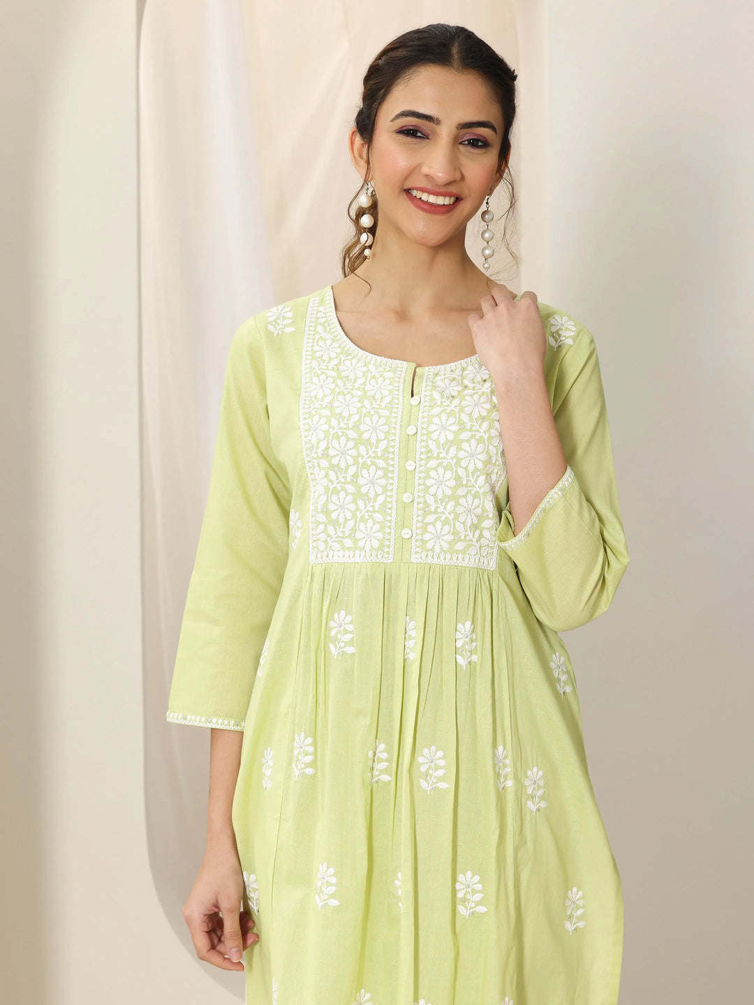  Lime Green Embroidered Cotton A-Line Suit Set With Dupatta 