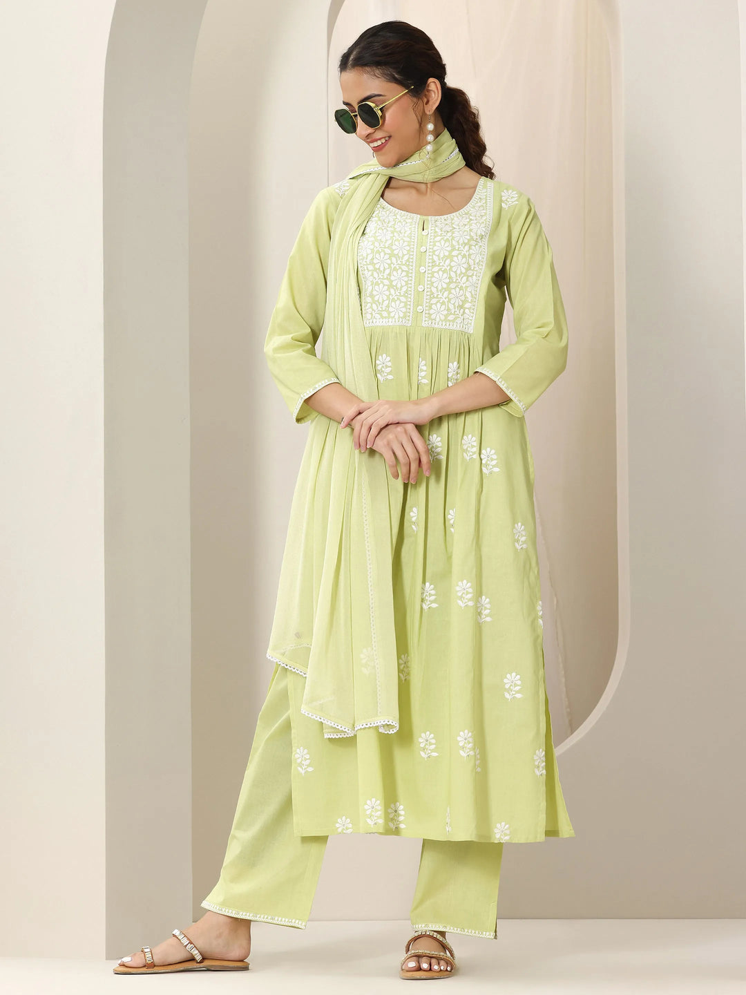  Lime Green Embroidered Cotton A-Line Suit Set With Dupatta 