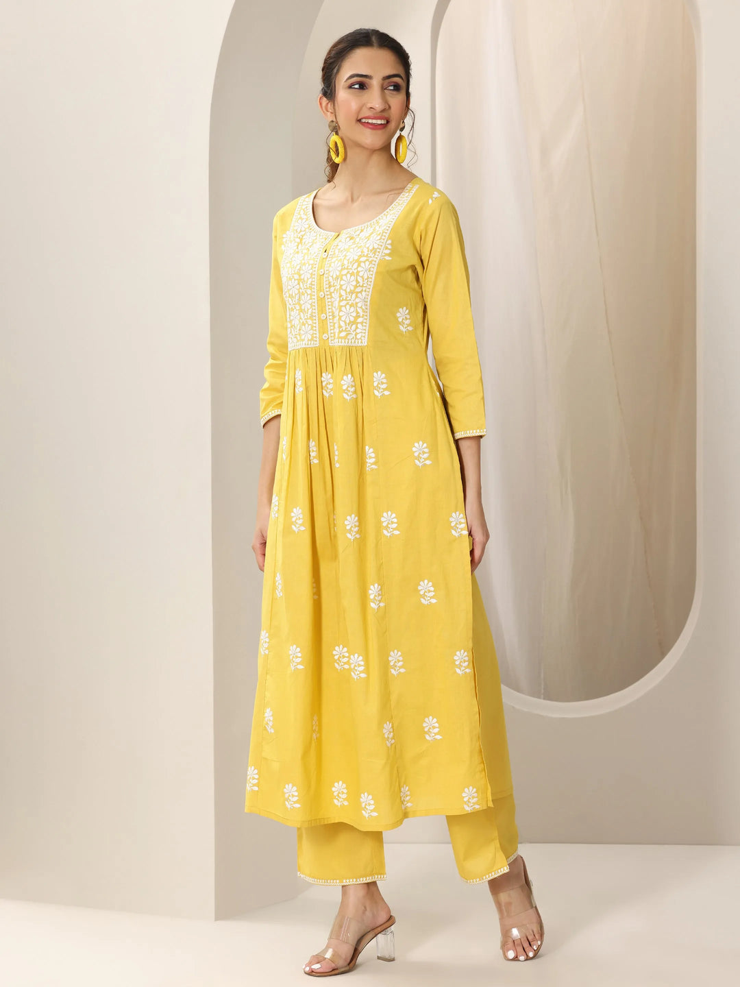  Yellow Embroidered Cotton A-Line Suit Set With Dupatta 