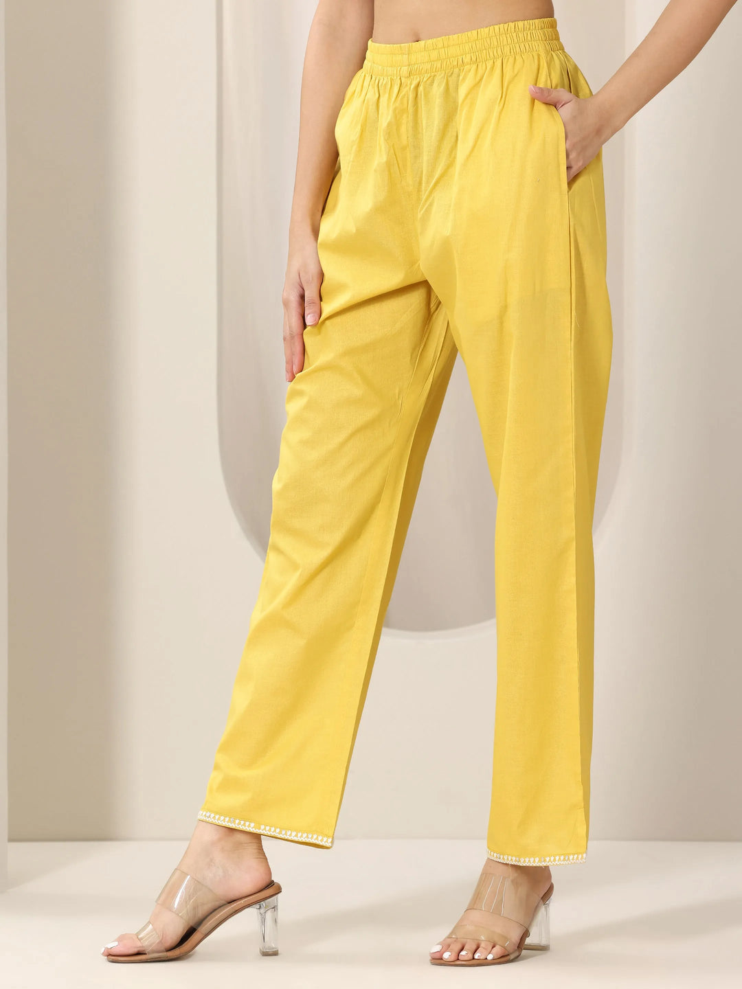  Yellow Embroidered Cotton A-Line Suit Set With Dupatta 