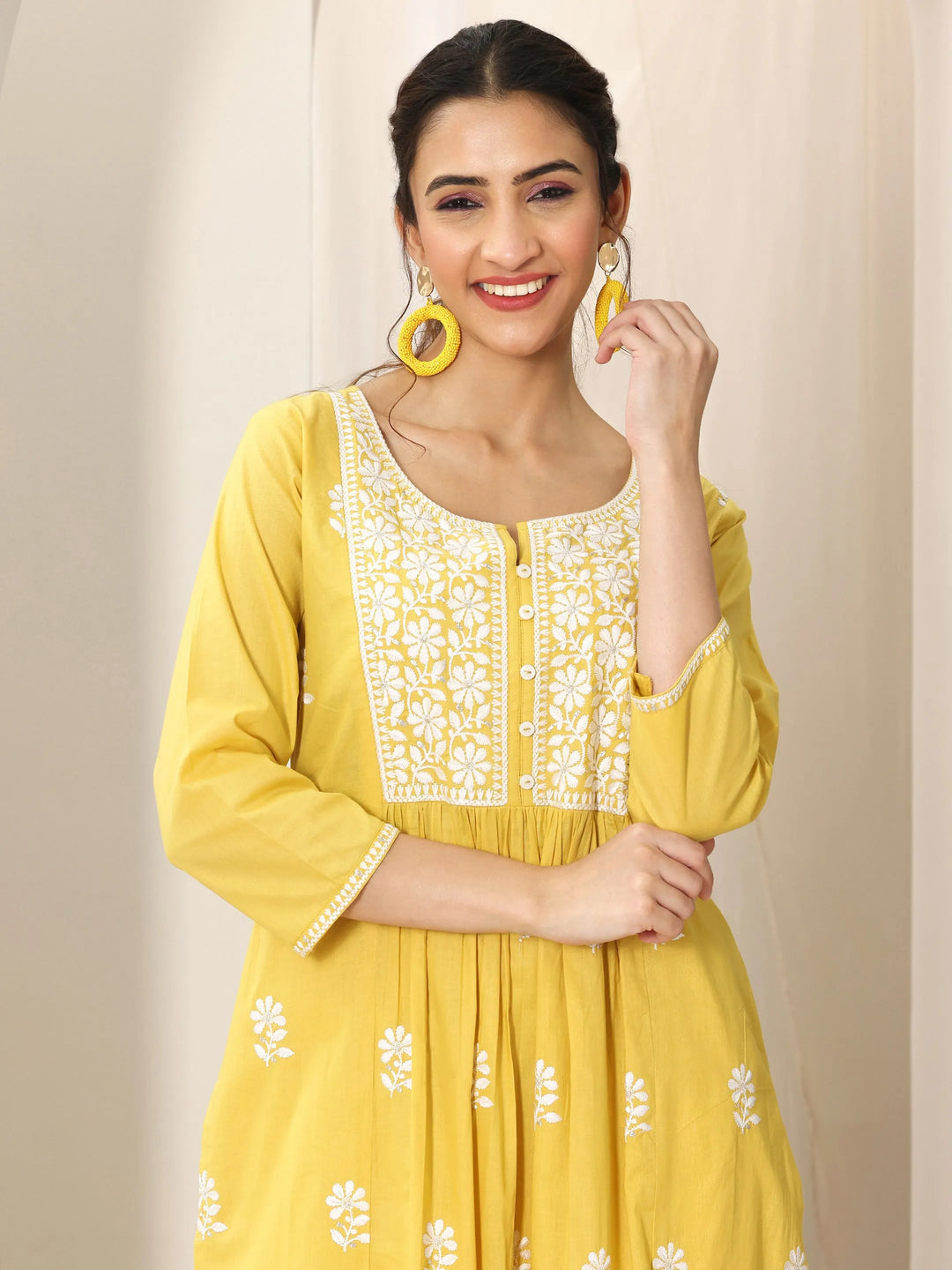  Yellow Embroidered Cotton A-Line Suit Set With Dupatta 