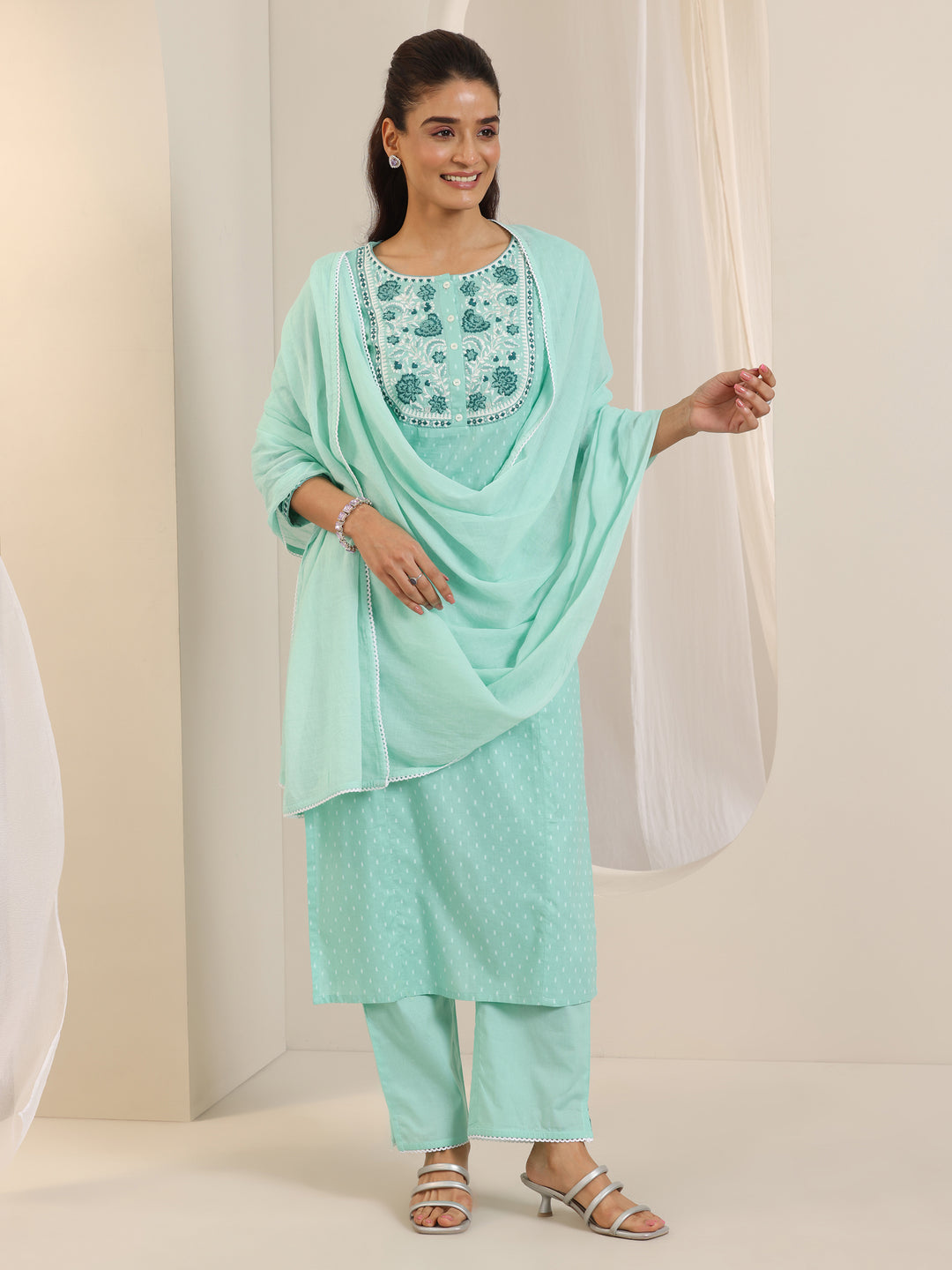  Green Woven Design Cotton Straight Suit Set With Dupatta 