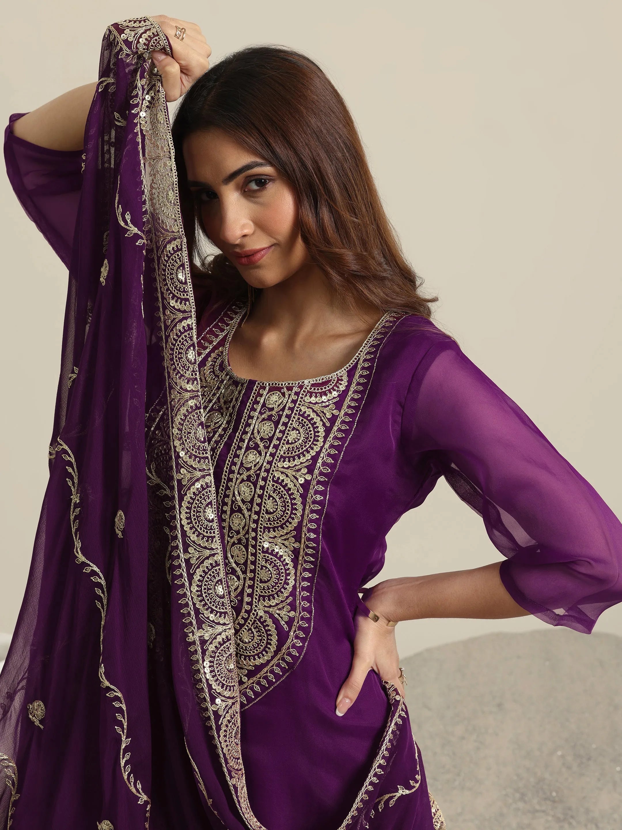 libas Burgundy Yoke Design Organza Straight Suit Set With Dupatta-picture-47