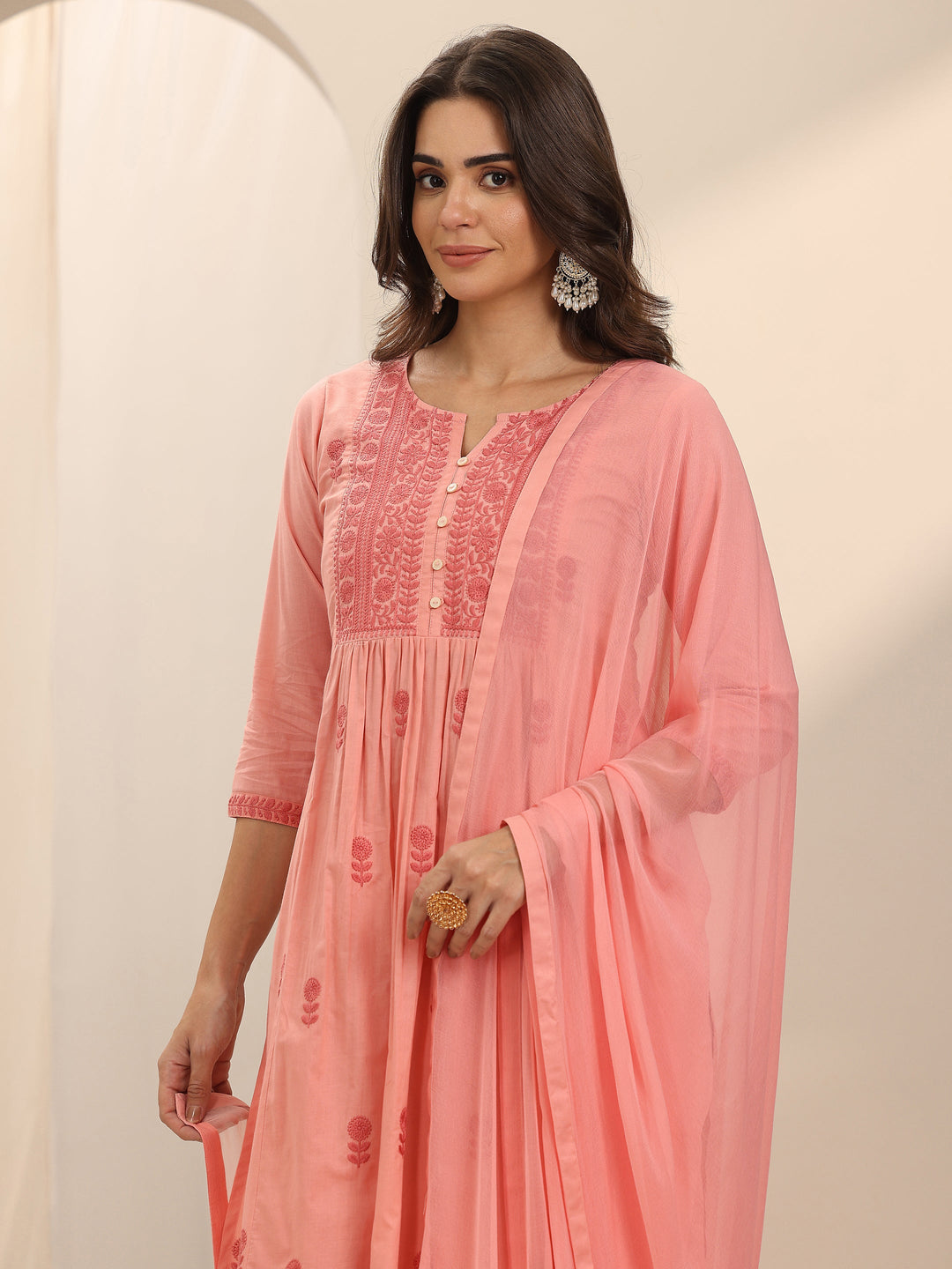  Peach Embroidered Cotton A-Line Suit Set With Dupatta 
