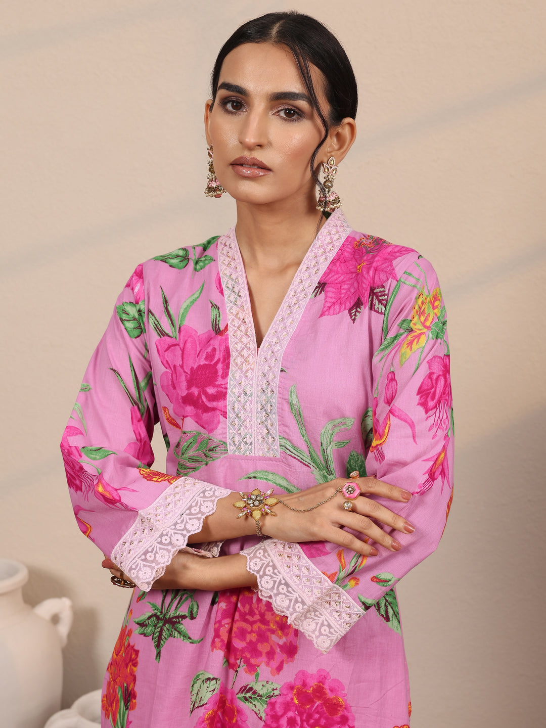  Pink Printed Cotton Blend  Straight Suit Set With Dupatta 