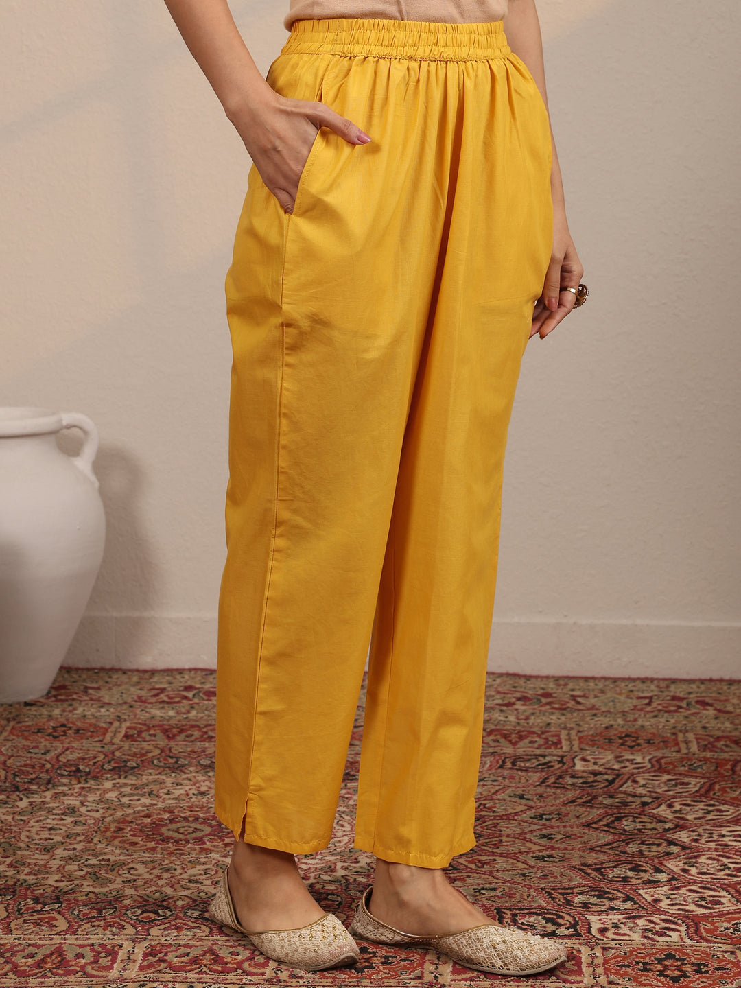  Yellow Printed Cotton Blend  Straight Suit Set With Dupatta 