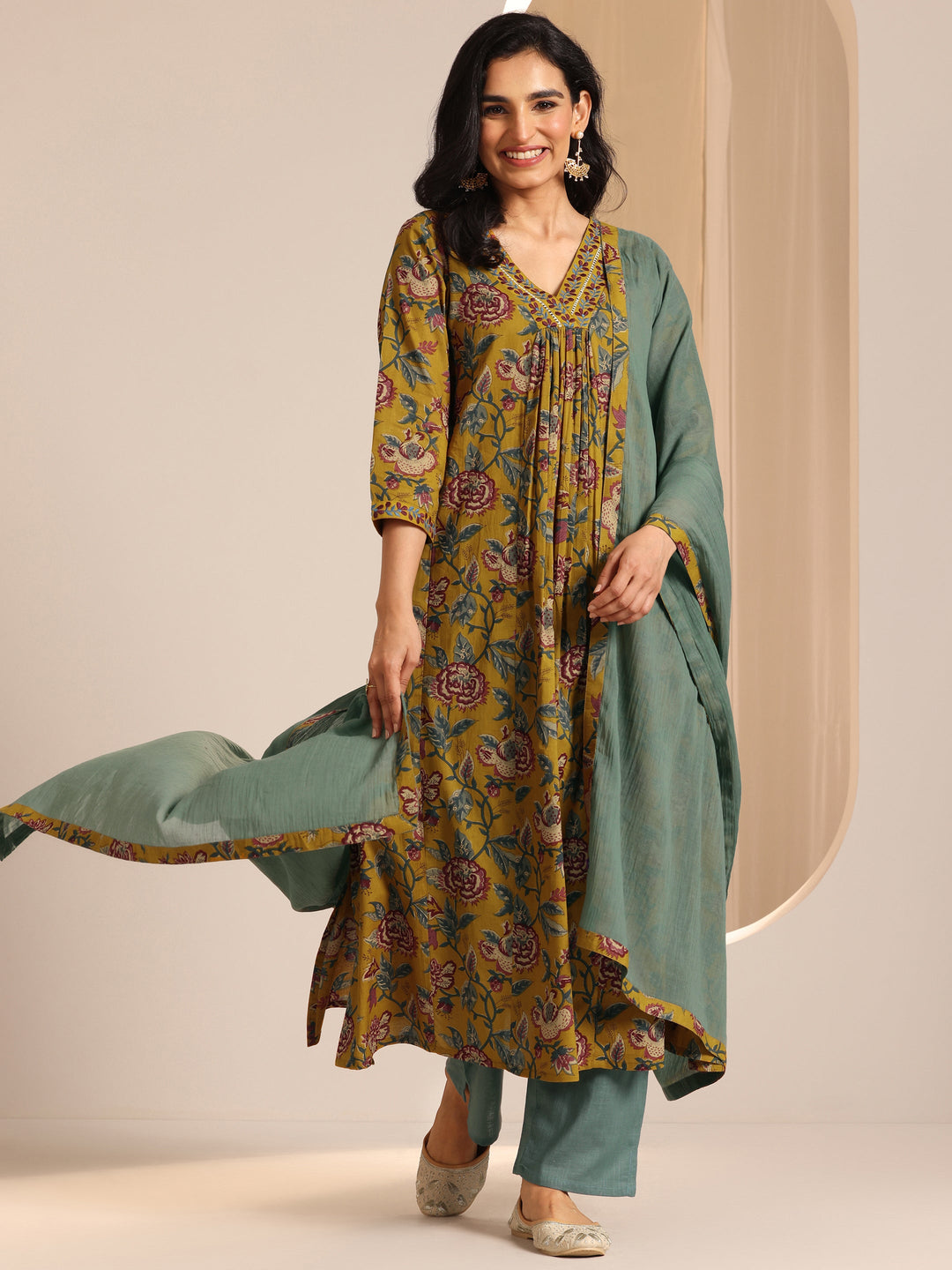  Mustard Printed Cotton A-Line Suit Set With Dupatta 