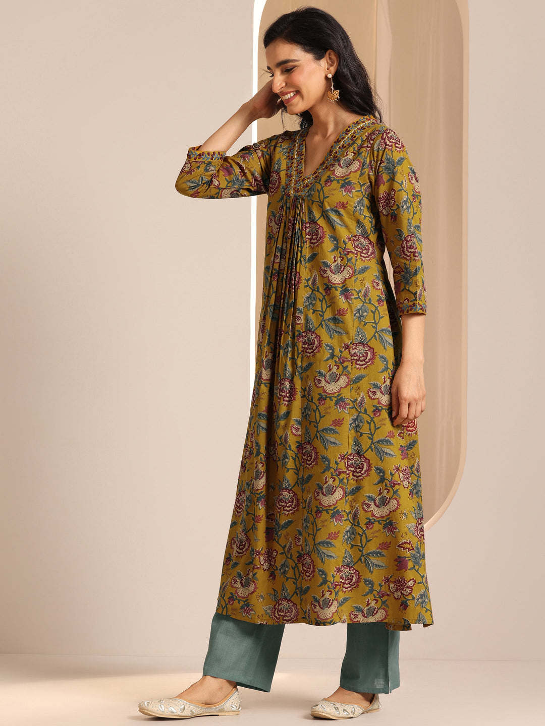  Mustard Printed Cotton A-Line Suit Set With Dupatta 