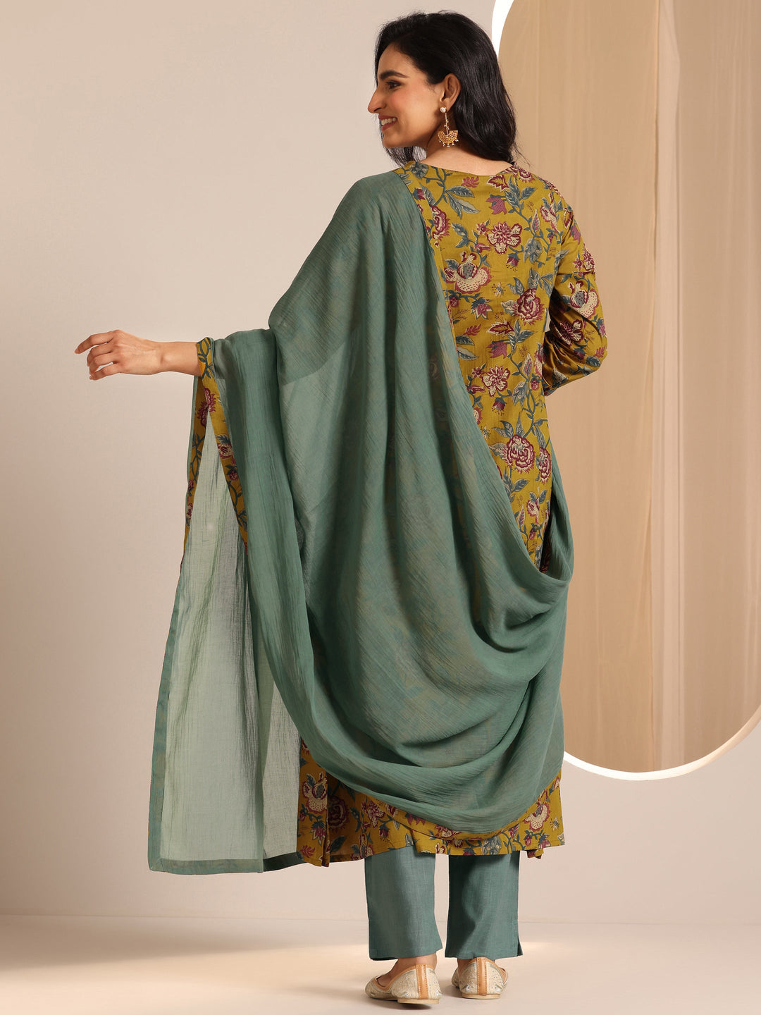  Mustard Printed Cotton A-Line Suit Set With Dupatta 