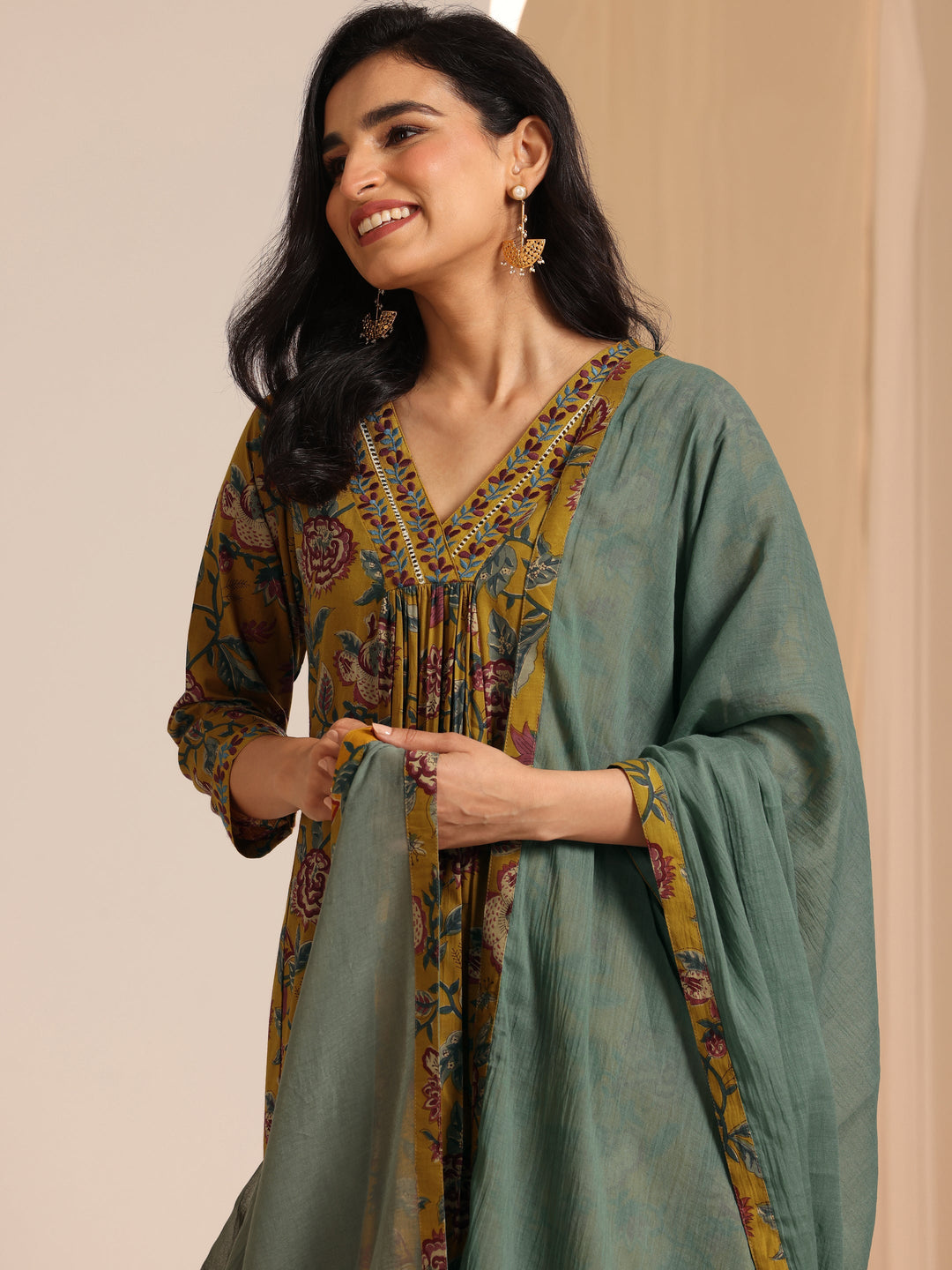  Mustard Printed Cotton A-Line Suit Set With Dupatta 
