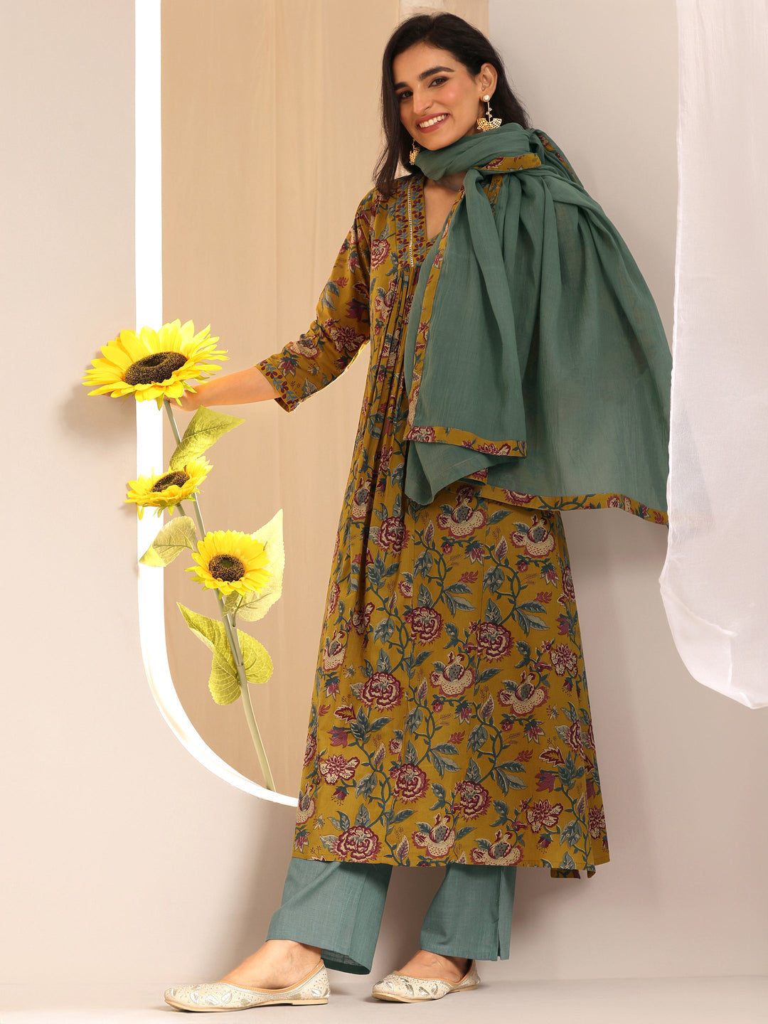  Mustard Printed Cotton A-Line Suit Set With Dupatta 