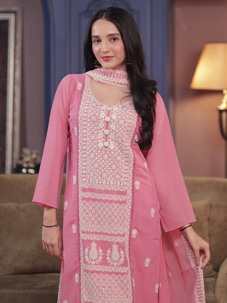 Libas Pink Embroidered Georgette Straight Suit Set With Dupatta