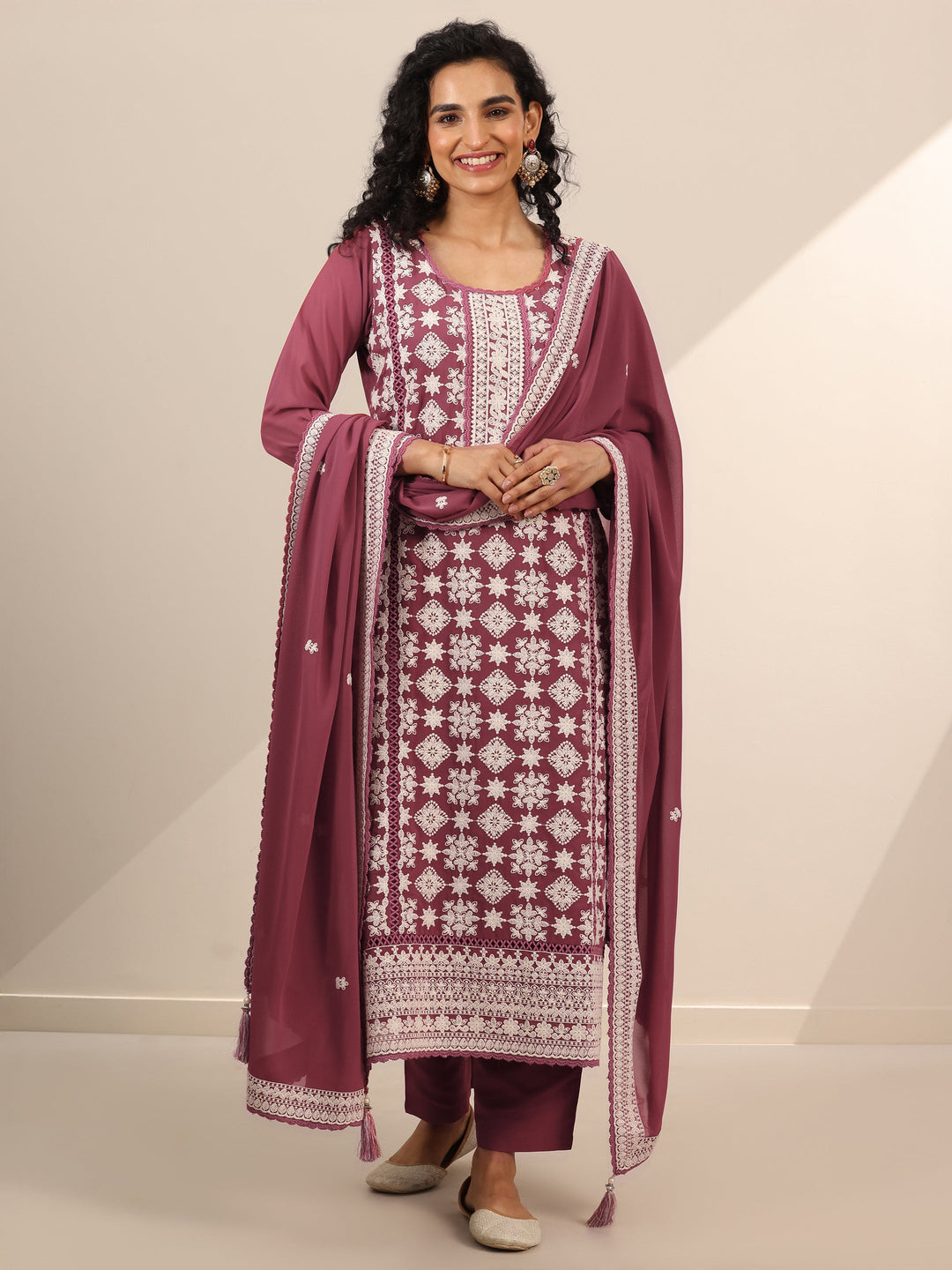  Libas Art Pink Embroidered Georgette Straight Suit Set With Dupatta 