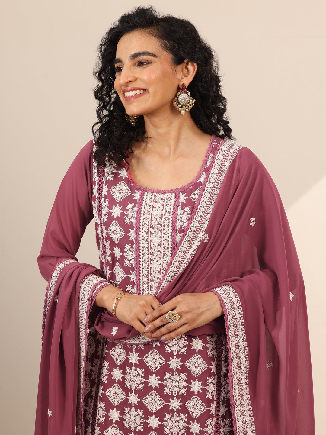  Libas Art Pink Embroidered Georgette Straight Suit Set With Dupatta 