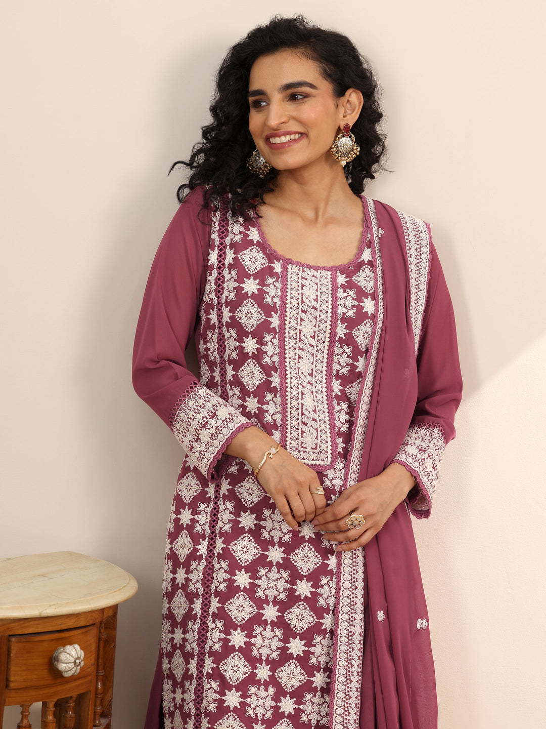  Libas Art Pink Embroidered Georgette Straight Suit Set With Dupatta 