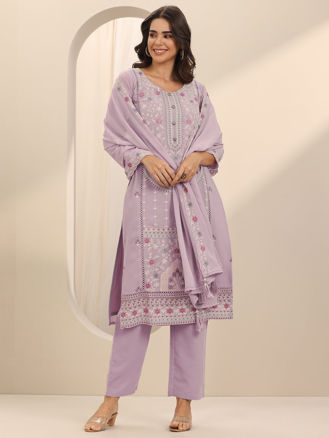Mauve Embroidered Georgette Straight Suit Set With Dupatta