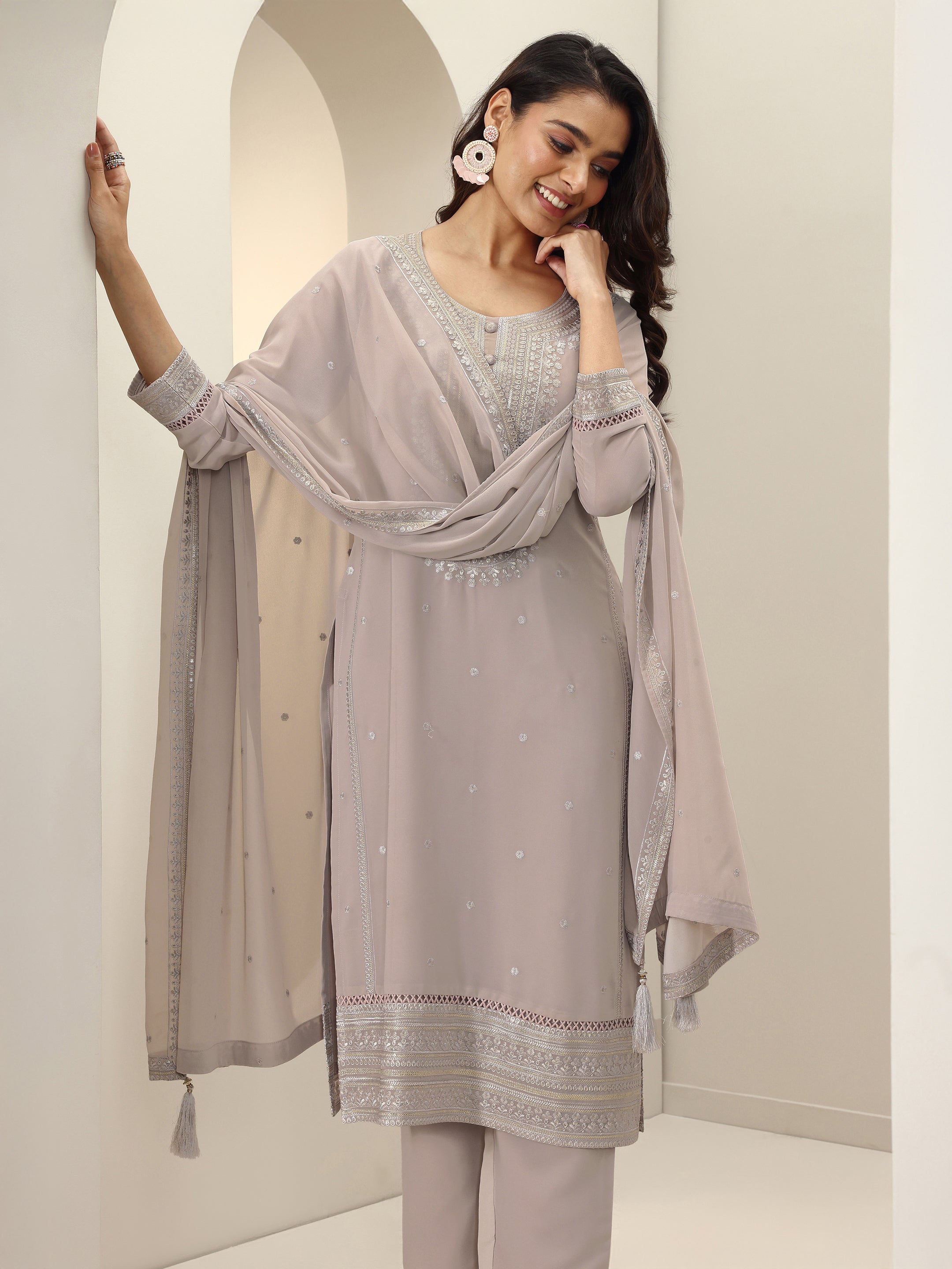 libas Grey Embroidered Georgette Straight Suit Sets With Dupatta-picture-50