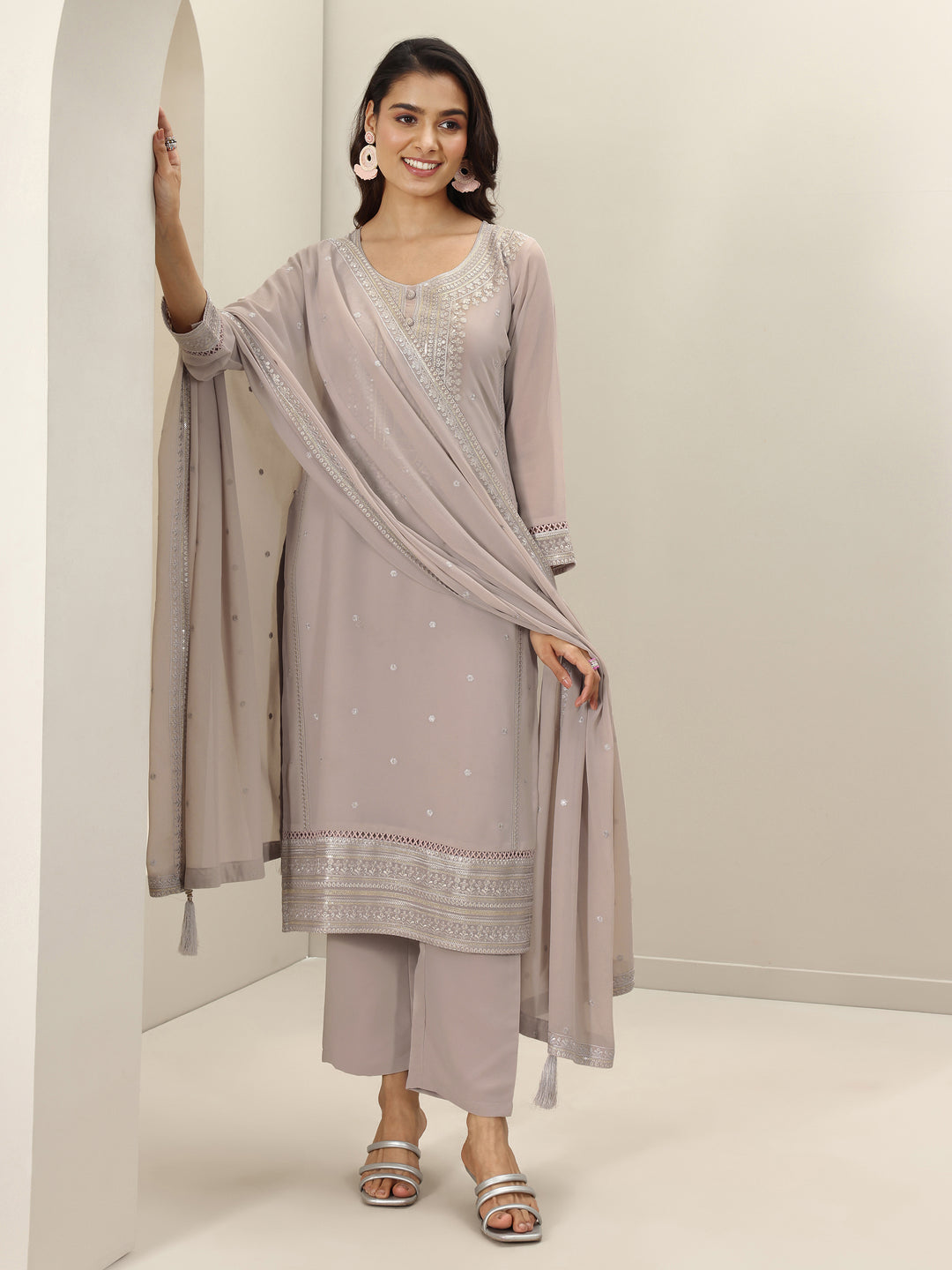  Grey Embroidered Georgette Straight Suit Sets With Dupatta 