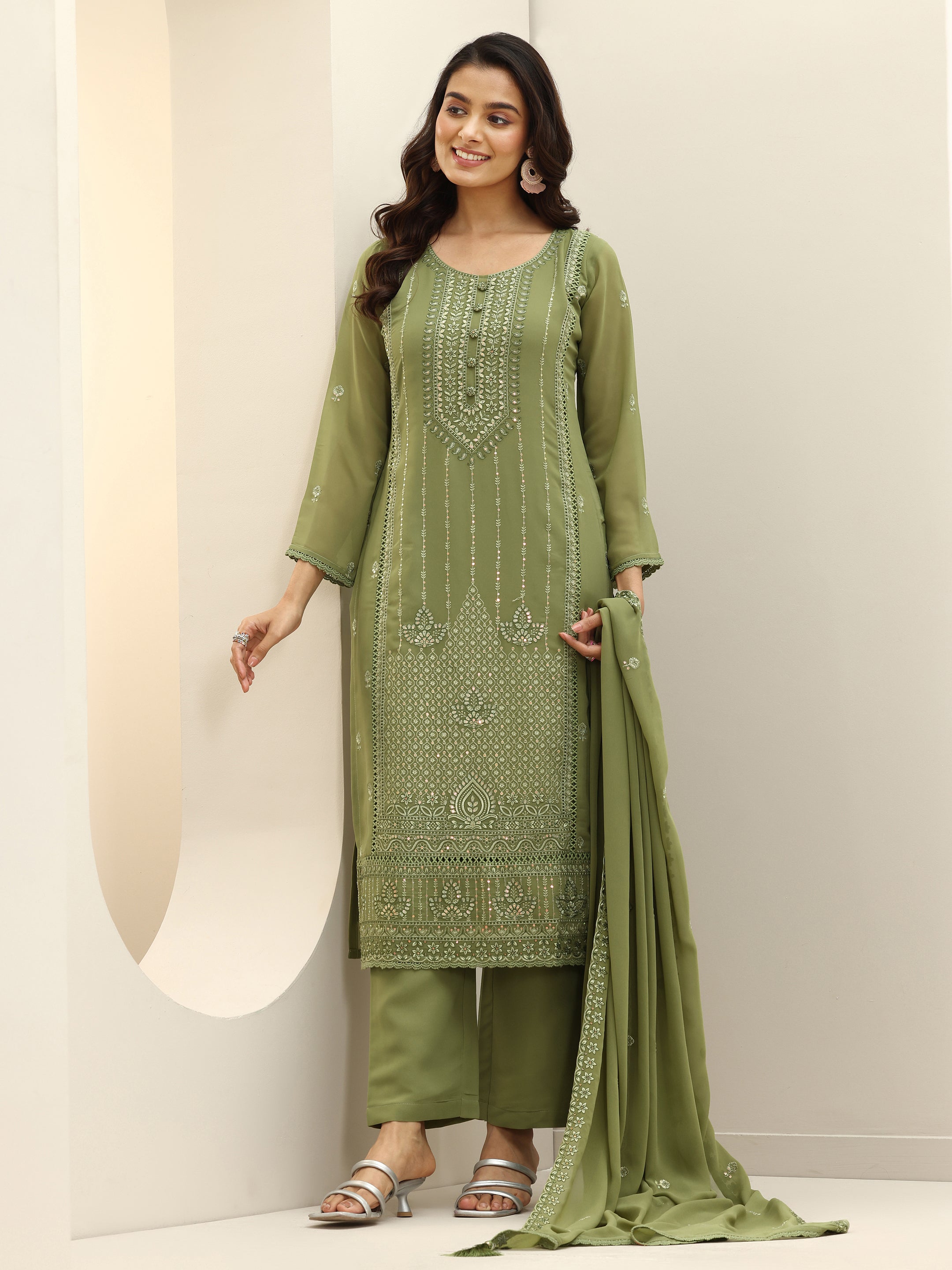 libas Green Embroidered Georgette Straight Suit Sets With Dupatta-picture-62
