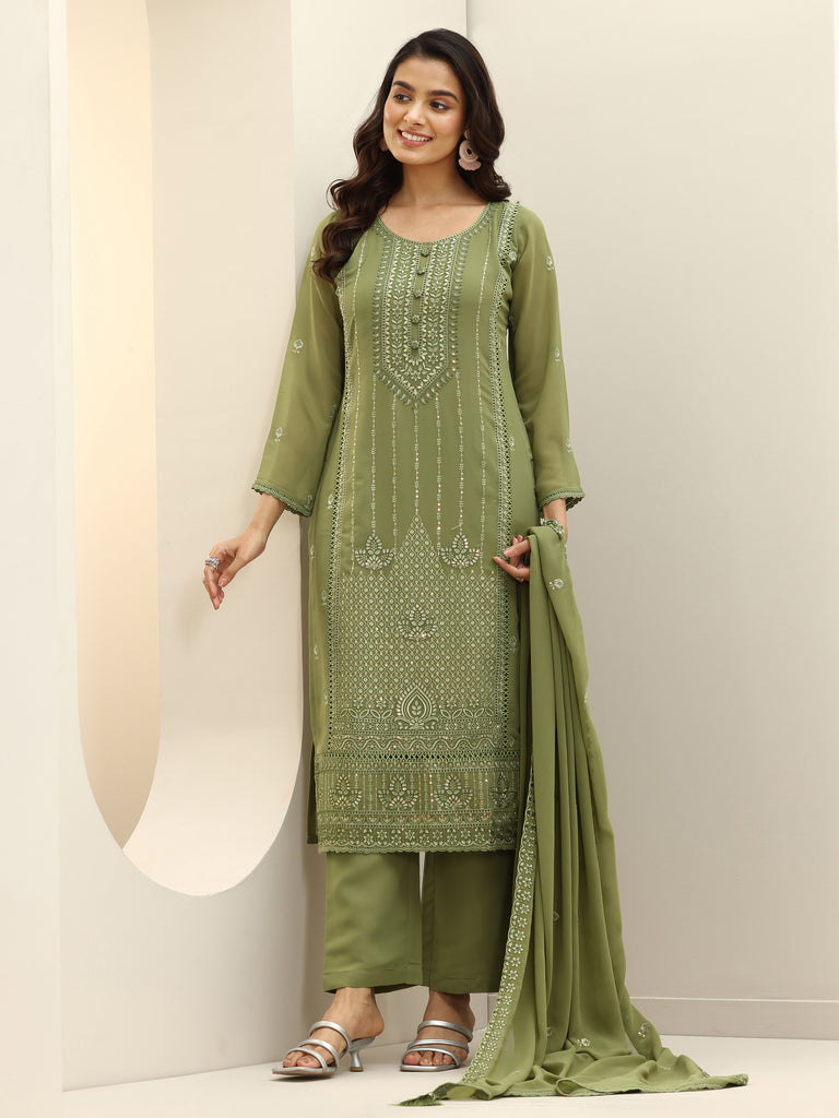 Libas Green Embroidered Georgette Straight Suit Sets With Dupatta
