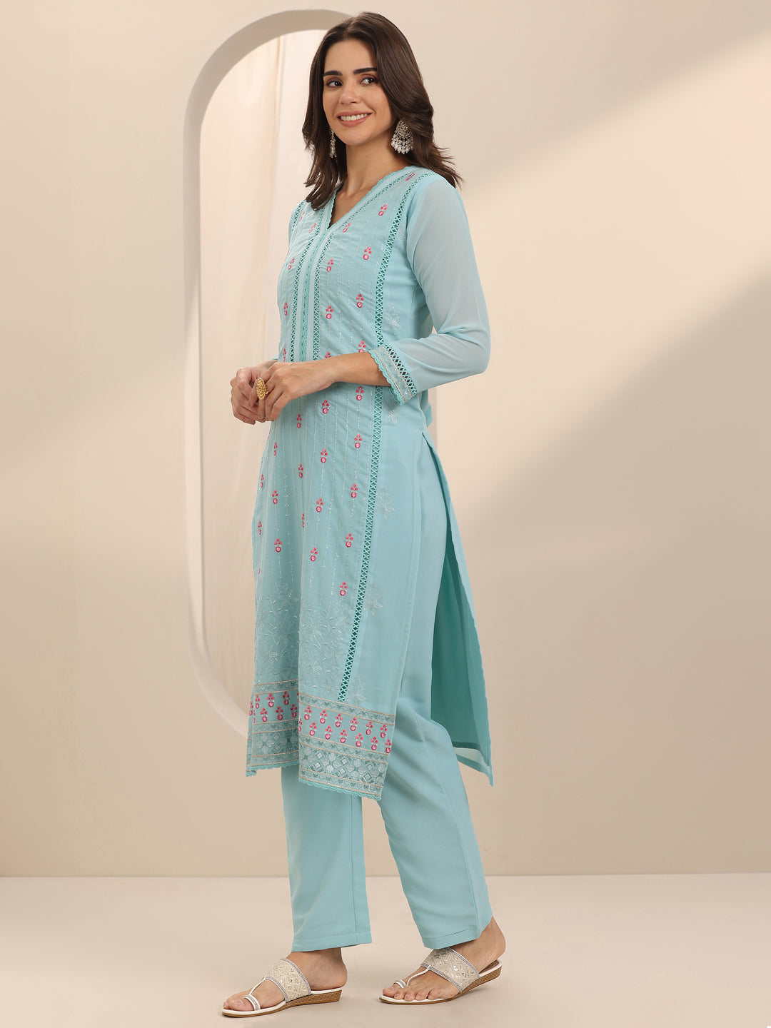  Blue Embroidered Georgette Straight Suit Set With Dupatta 